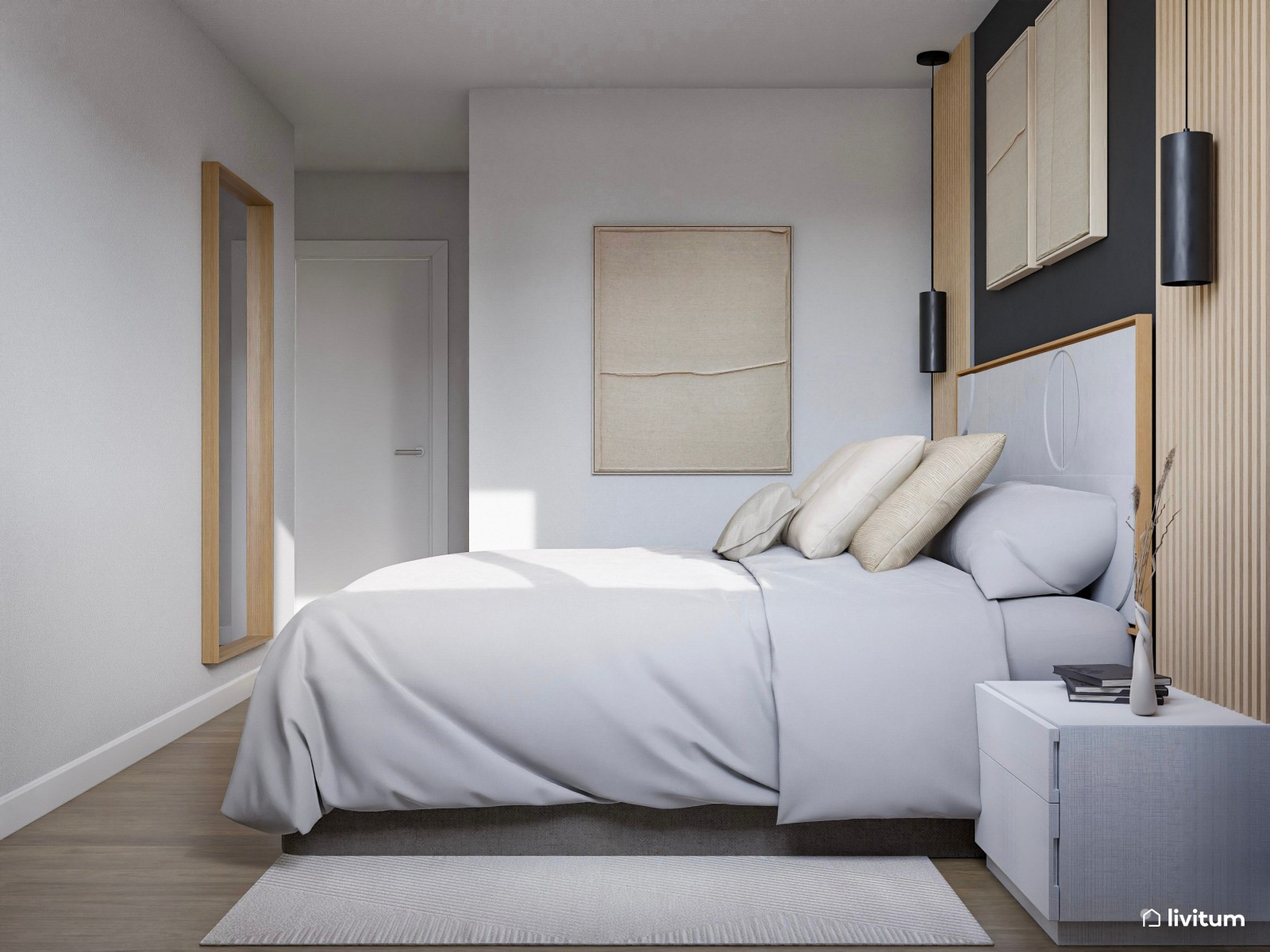 Elegante dormitorio de matrimonio con pared de acento en gris oscuro