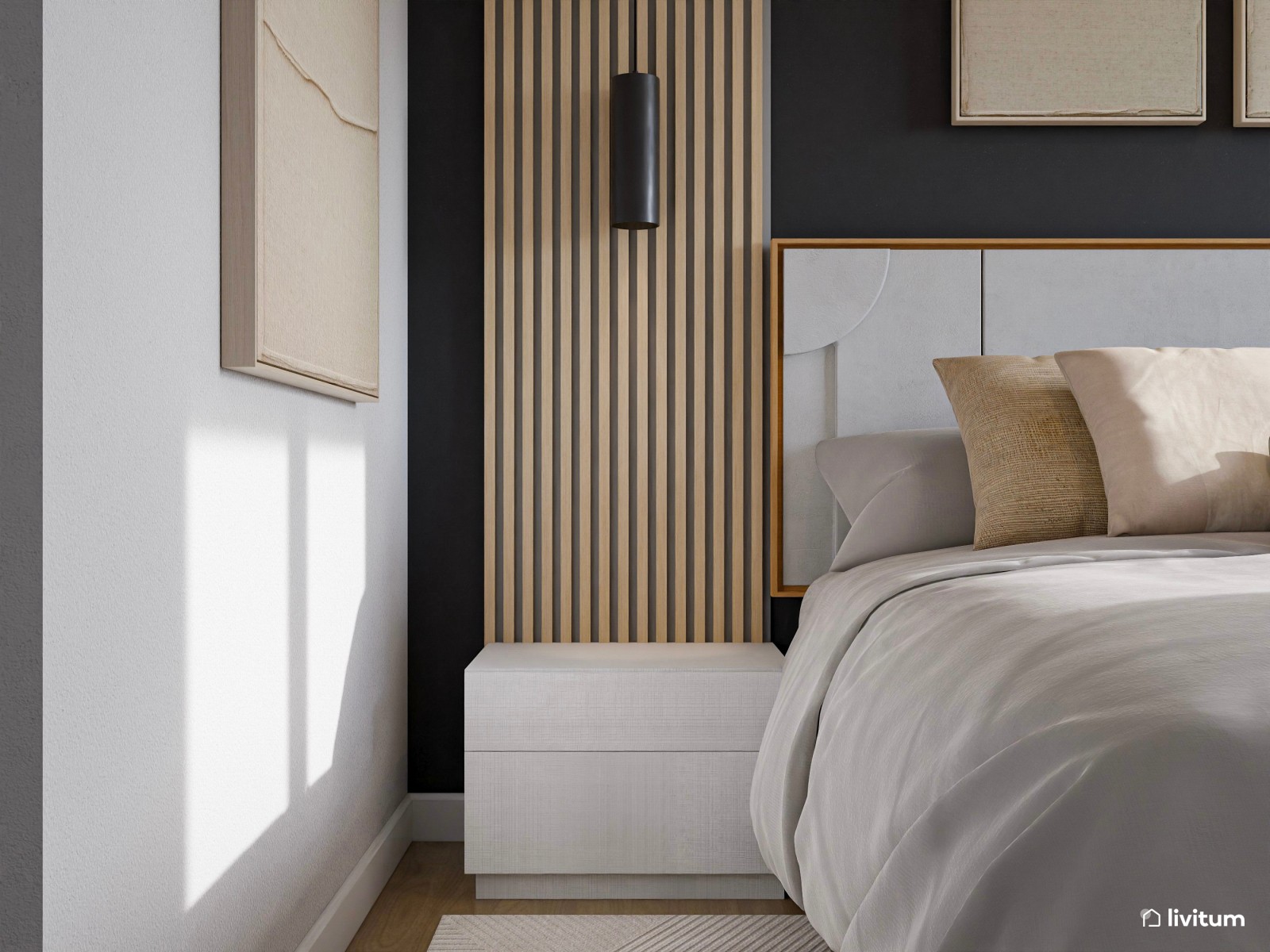 Elegante dormitorio de matrimonio con pared de acento en gris oscuro