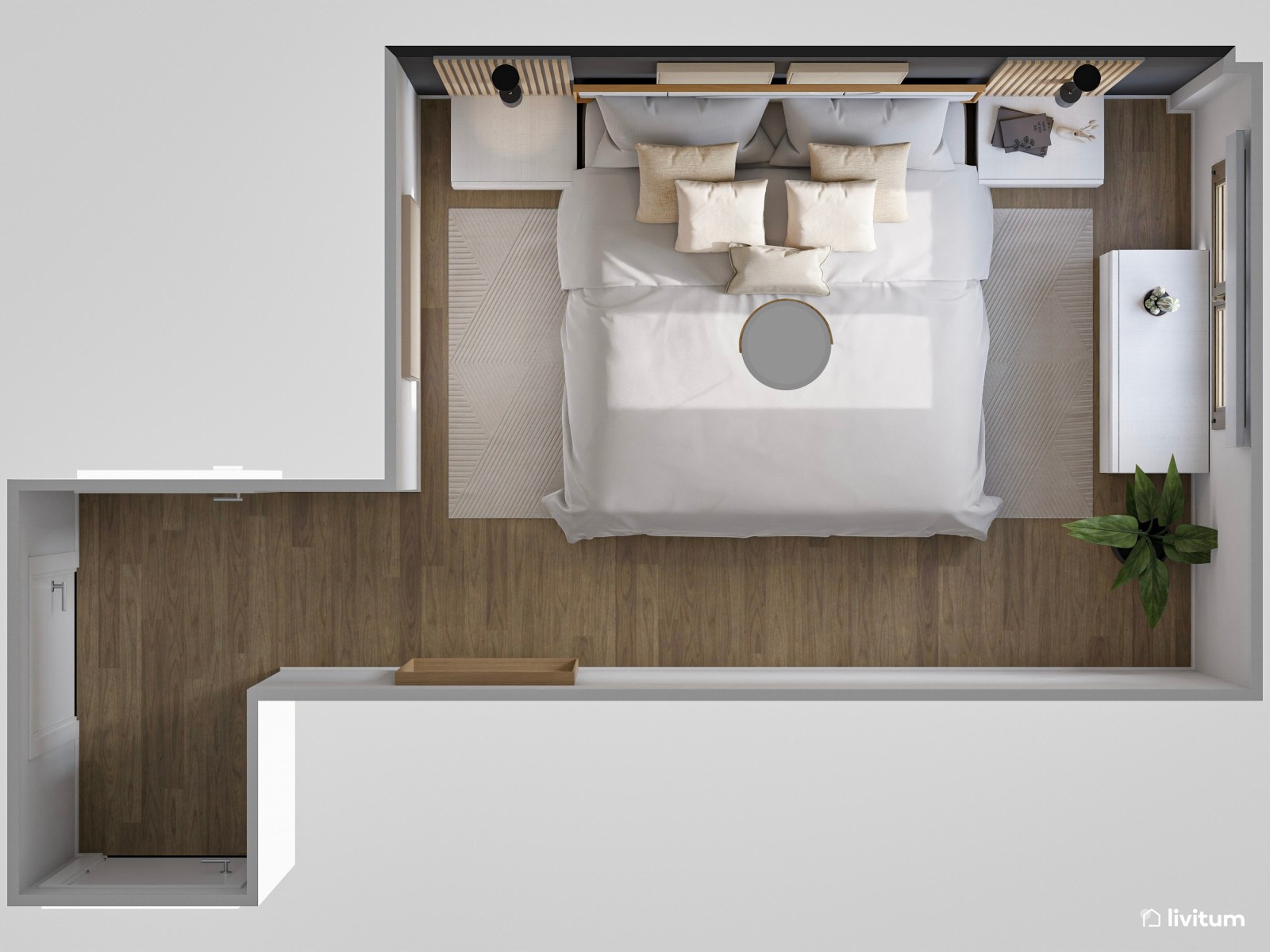 Elegante dormitorio de matrimonio con pared de acento en gris oscuro