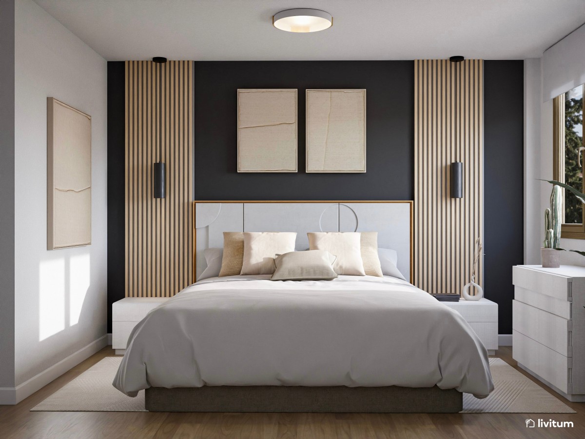 Elegante dormitorio de matrimonio con pared de acento en gris oscuro