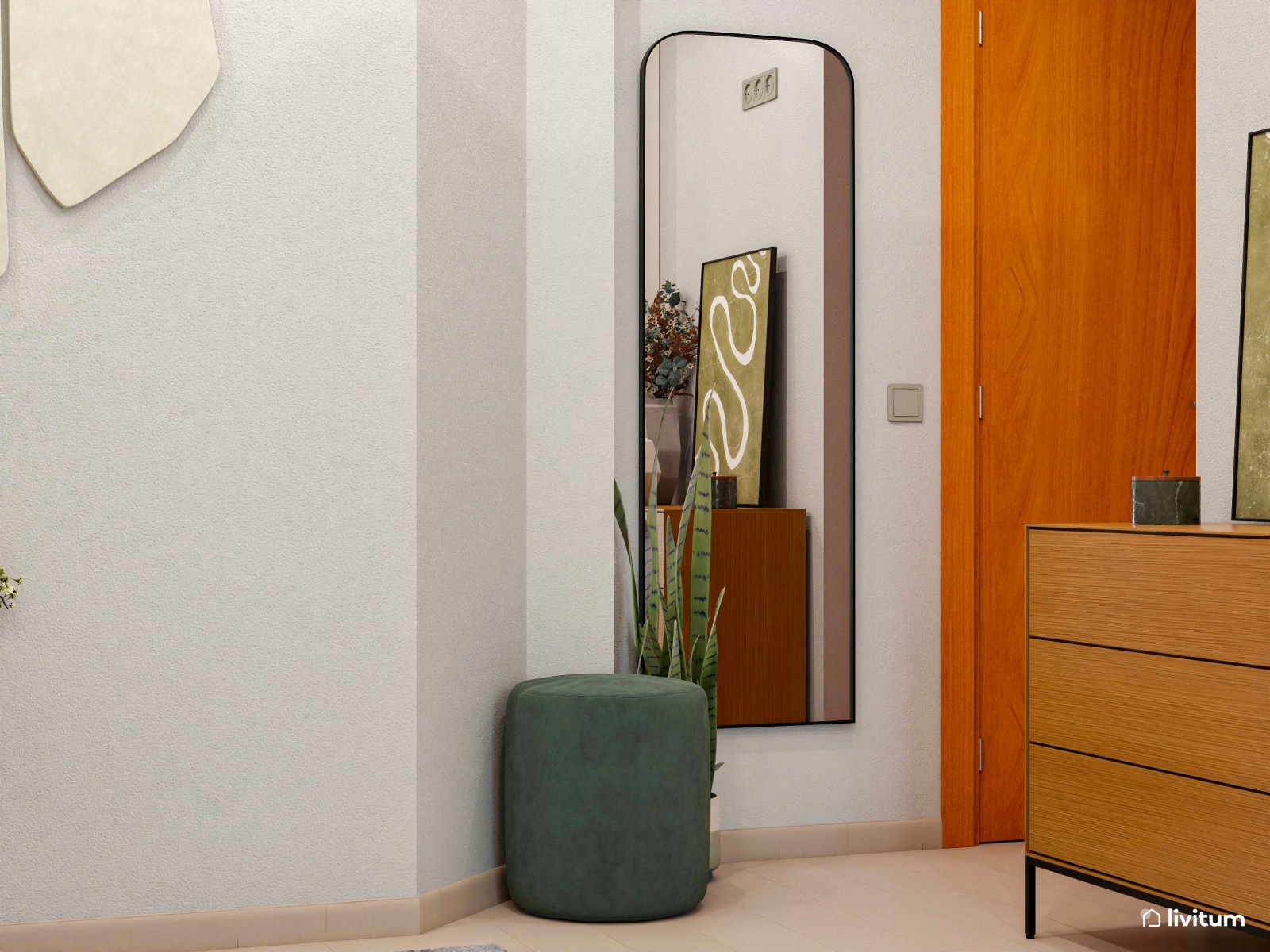 Elegante dormitorio de tonos neutros con detalles en verde