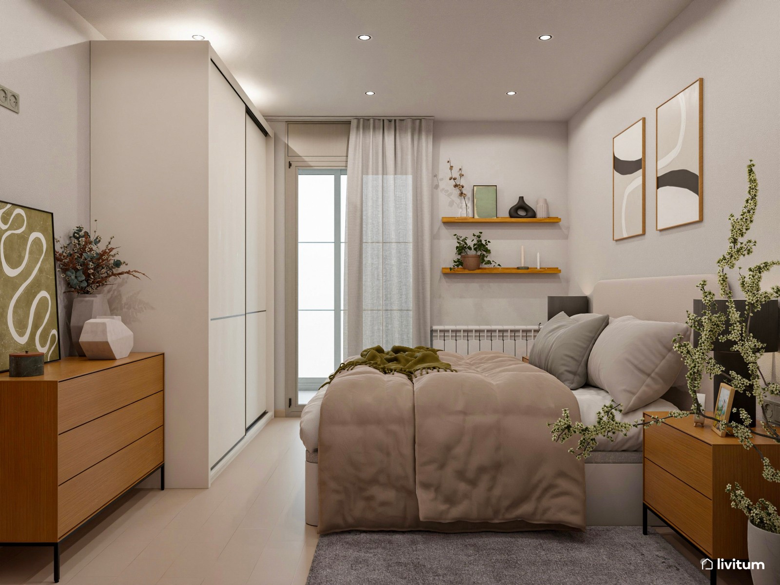 Elegante dormitorio de tonos neutros con detalles en verde
