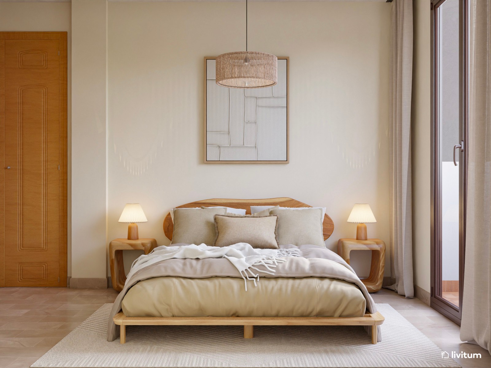 Elegante dormitorio de tonos tierra con muebles de madera maciza