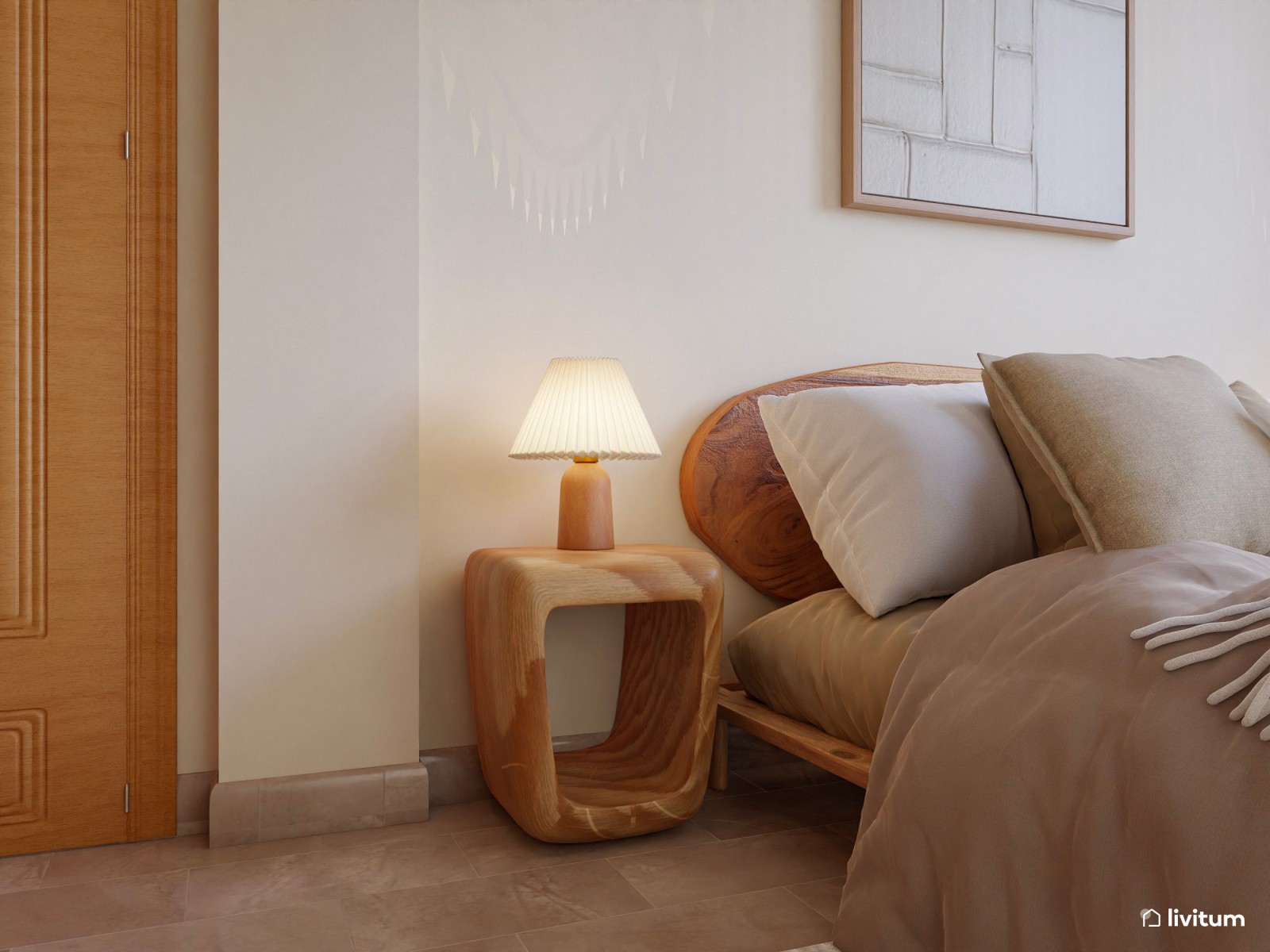 Elegante dormitorio de tonos tierra con muebles de madera maciza