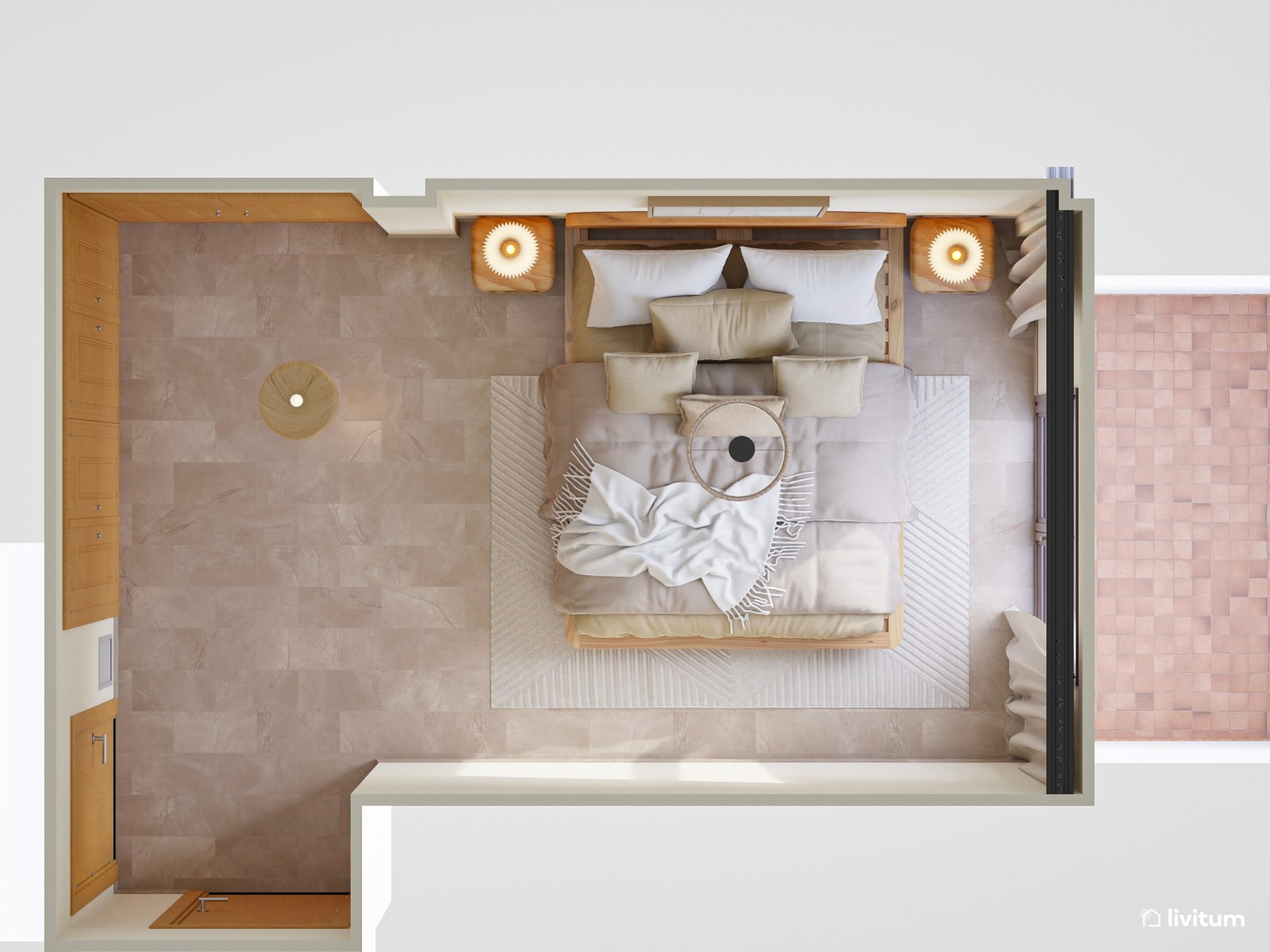 Elegante dormitorio de tonos tierra con muebles de madera maciza