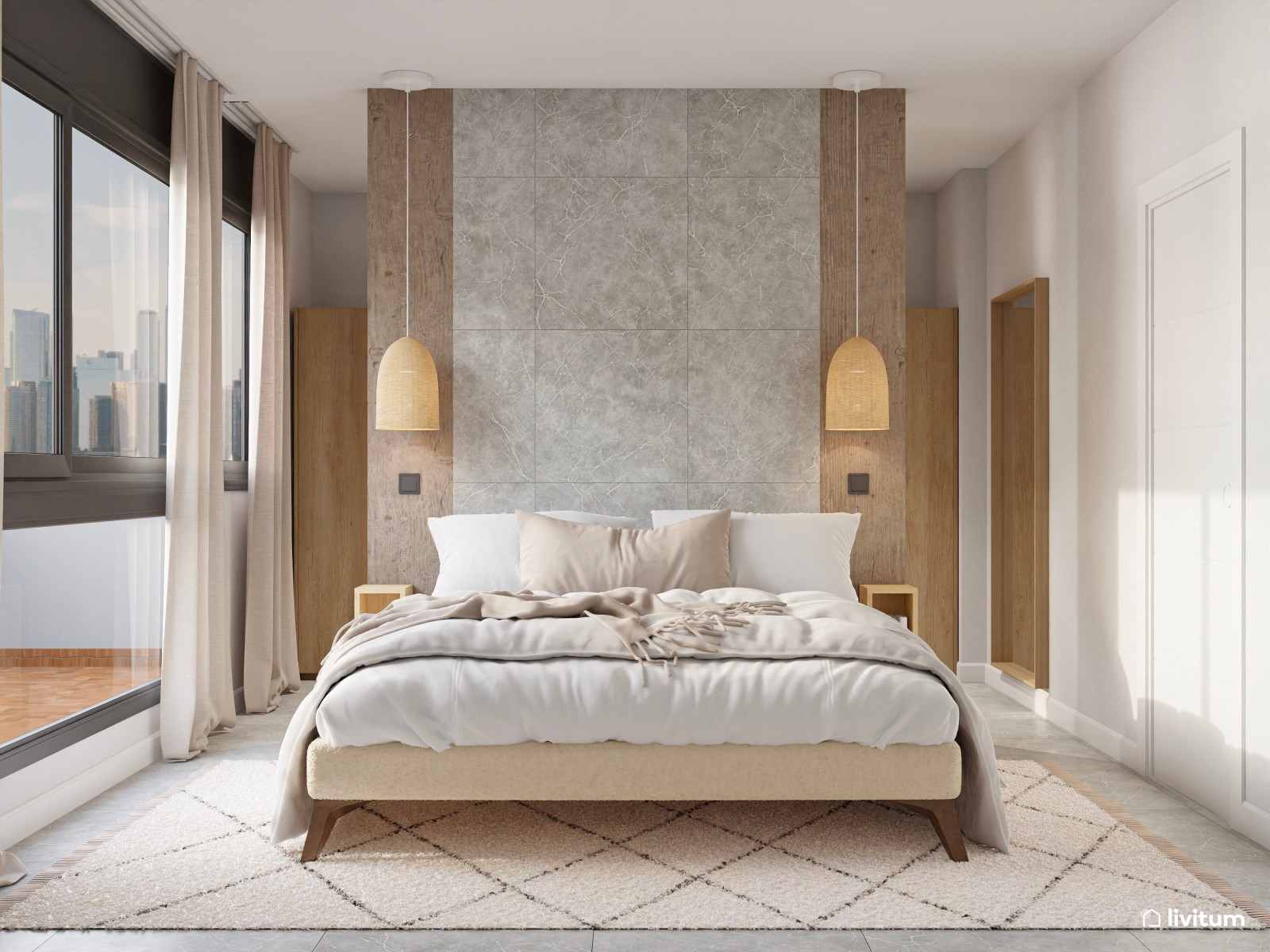 Elegante dormitorio de tonos tierra con vestidor