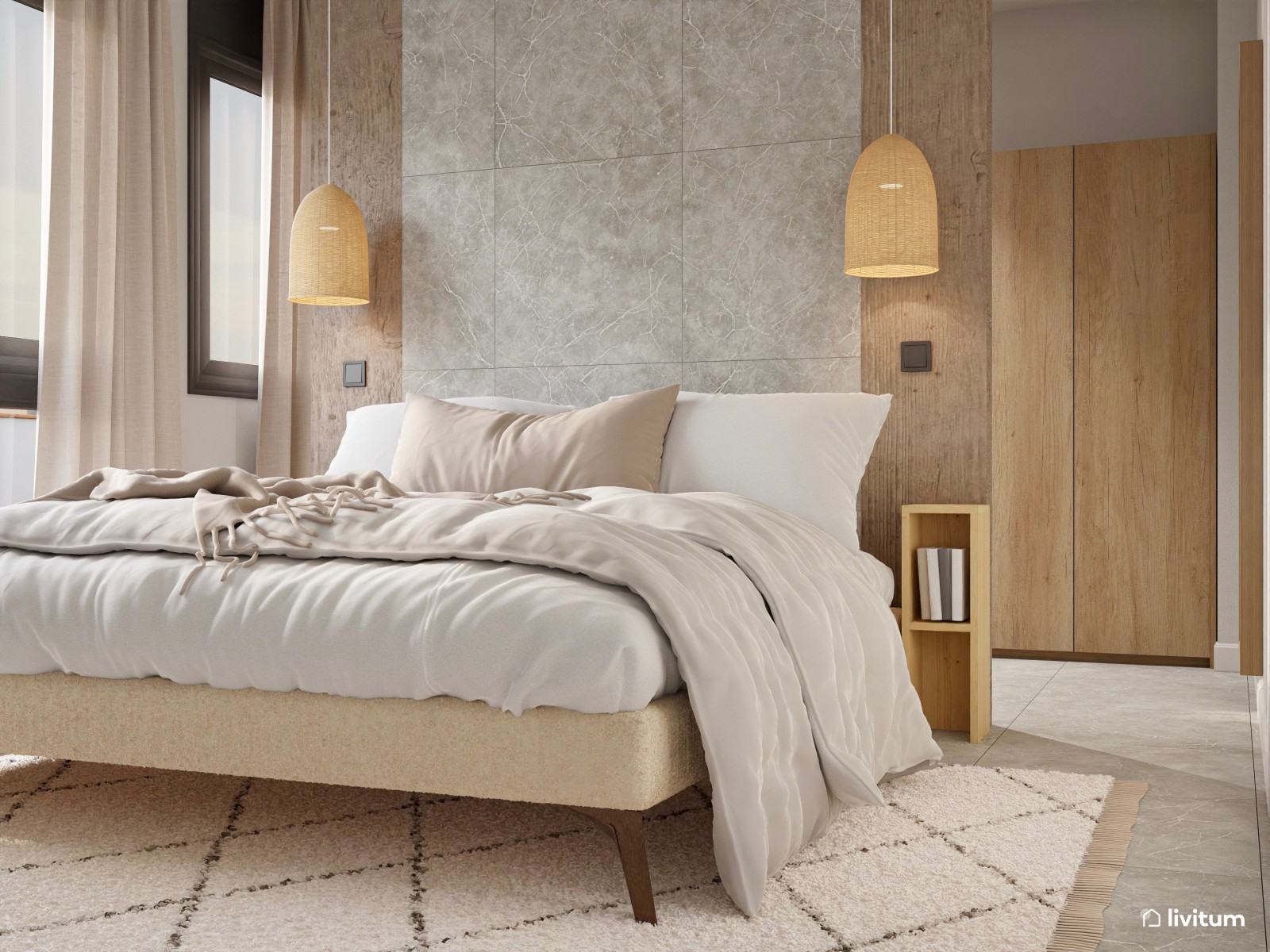 Elegante dormitorio de tonos tierra con vestidor