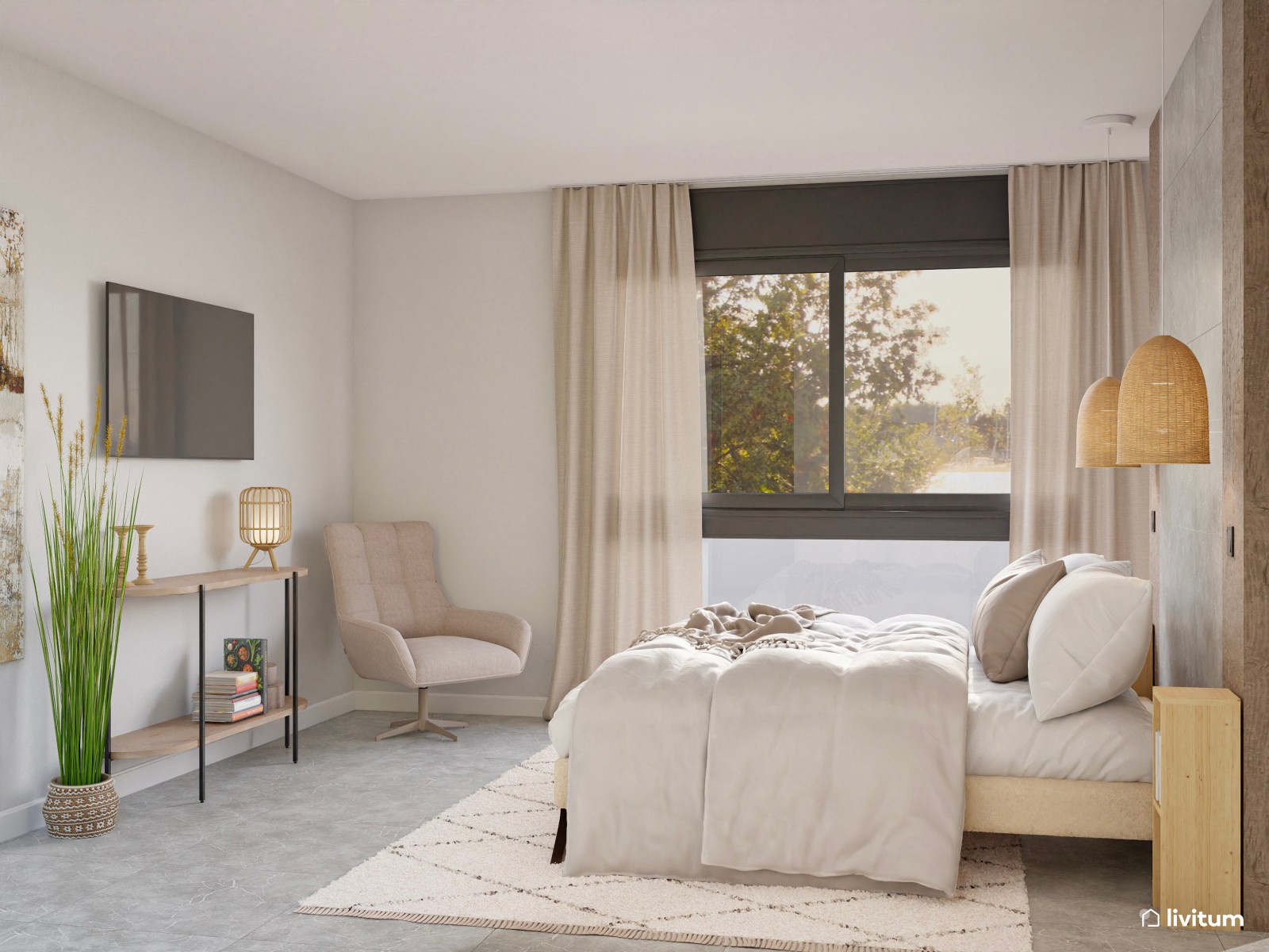 Elegante dormitorio de tonos tierra con vestidor
