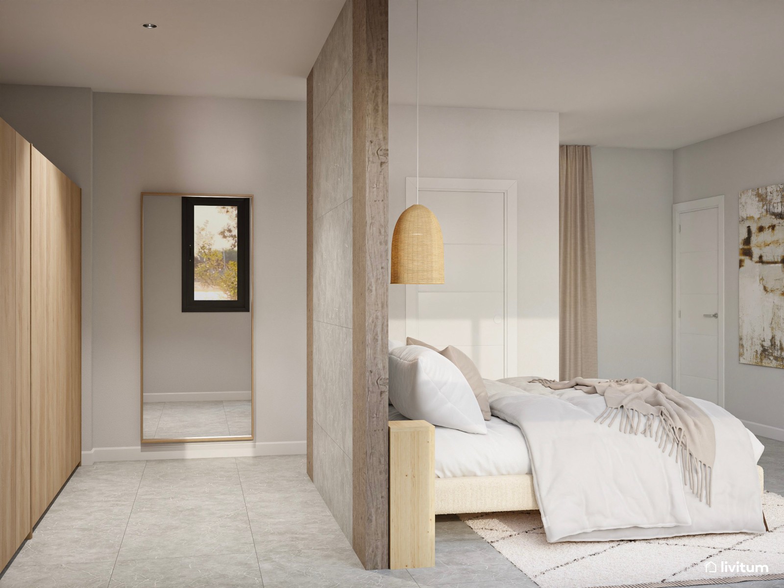 Elegante dormitorio de tonos tierra con vestidor