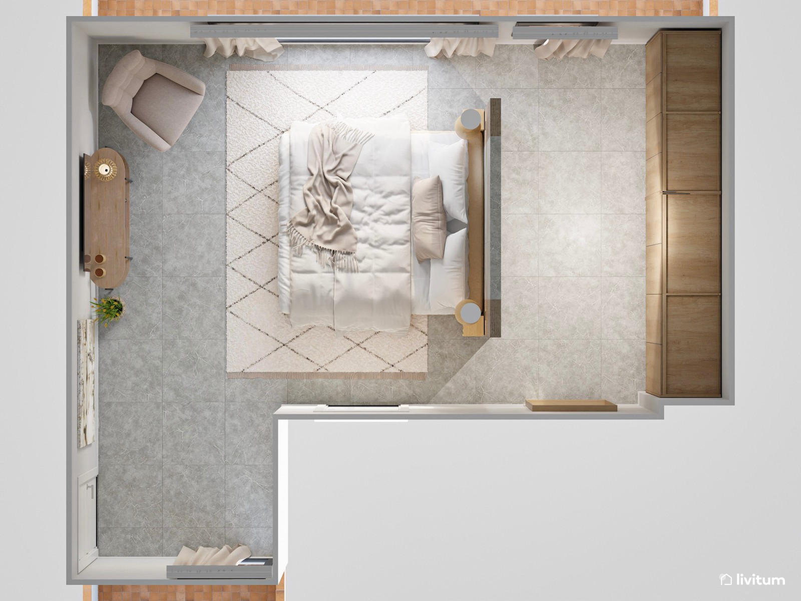 Elegante dormitorio de tonos tierra con vestidor