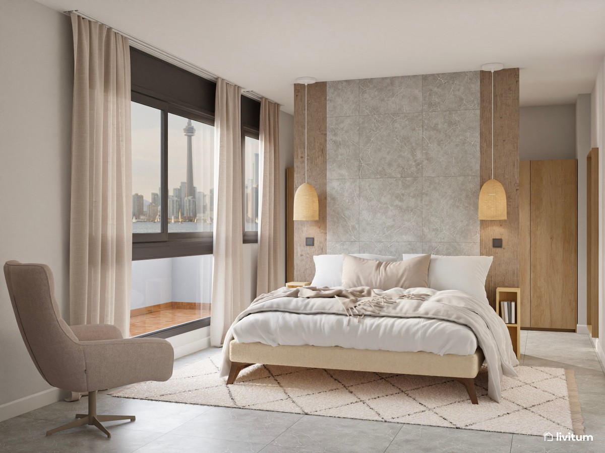 Elegante dormitorio de tonos tierra con vestidor