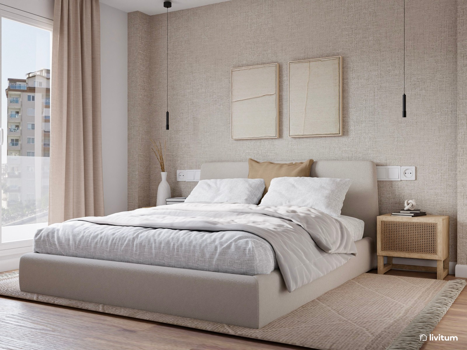Elegante dormitorio doble cálido y con  papel pintado con textura