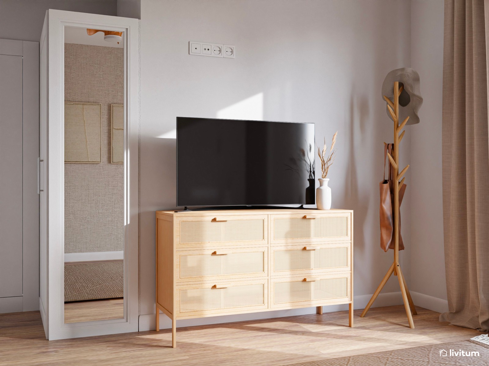 Elegante dormitorio doble cálido y con  papel pintado con textura