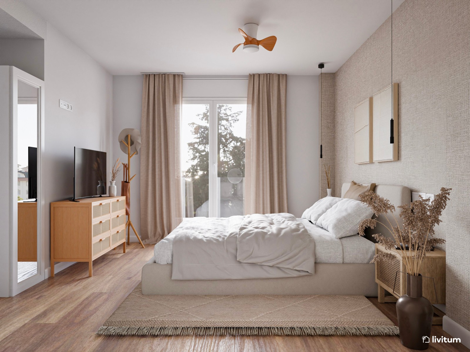 Elegante dormitorio doble cálido y con  papel pintado con textura