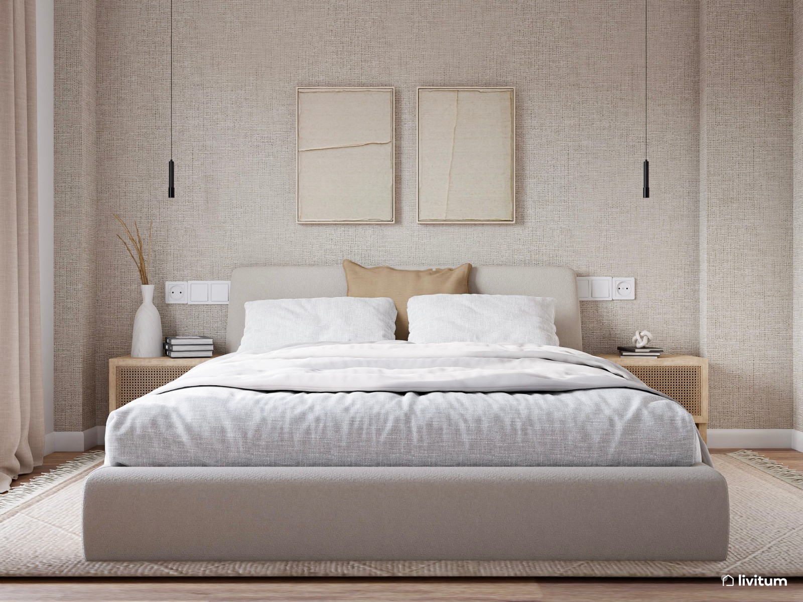 Elegante dormitorio doble cálido y con  papel pintado con textura