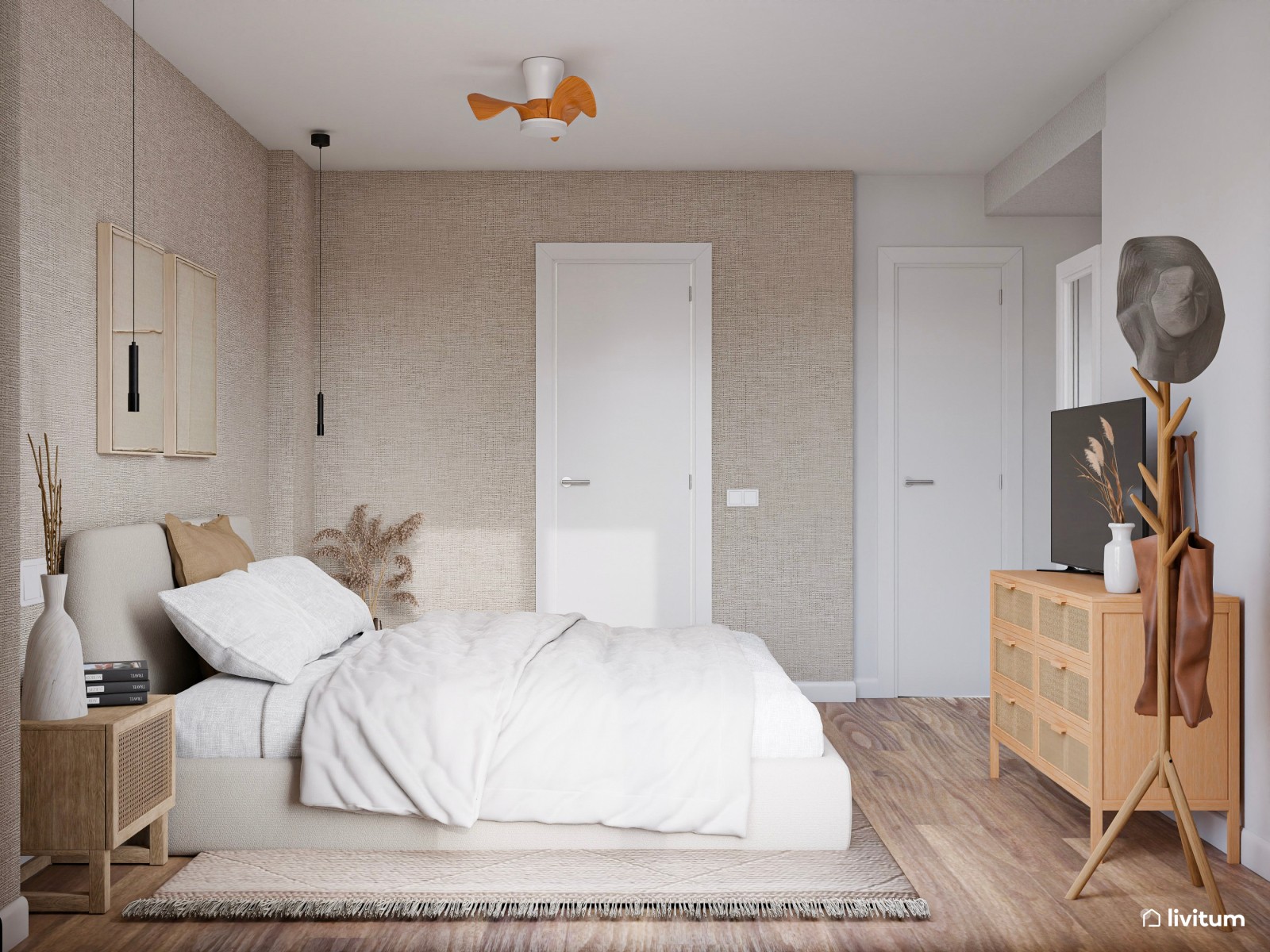 Elegante dormitorio doble cálido y con  papel pintado con textura