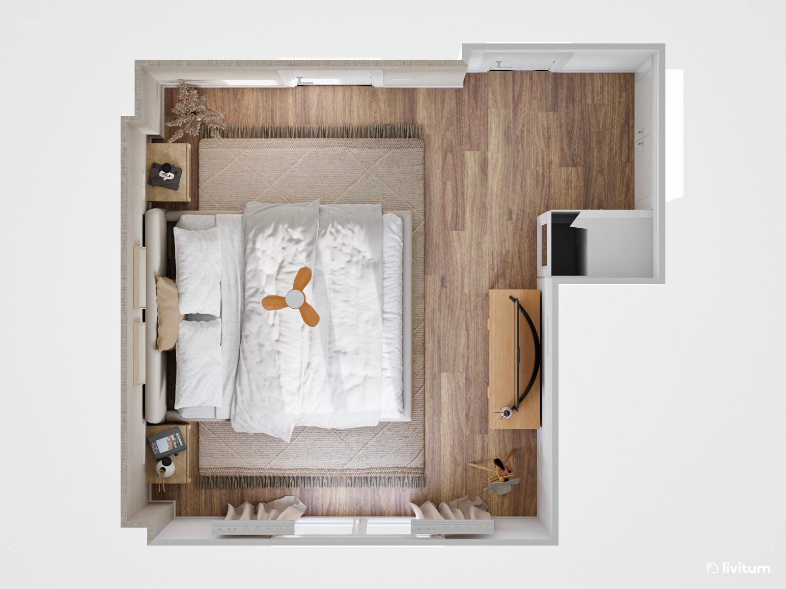 Elegante dormitorio doble cálido y con  papel pintado con textura