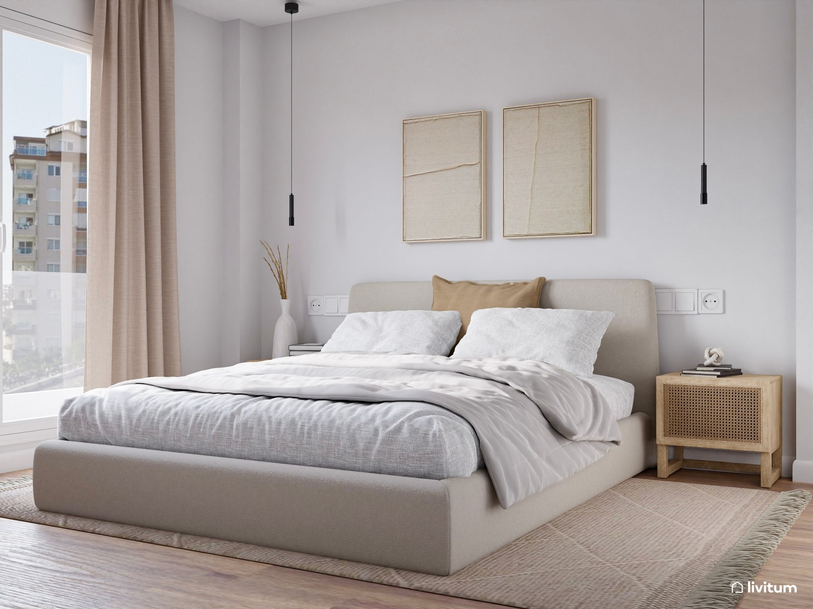 Elegante dormitorio doble cálido y con  papel pintado con textura