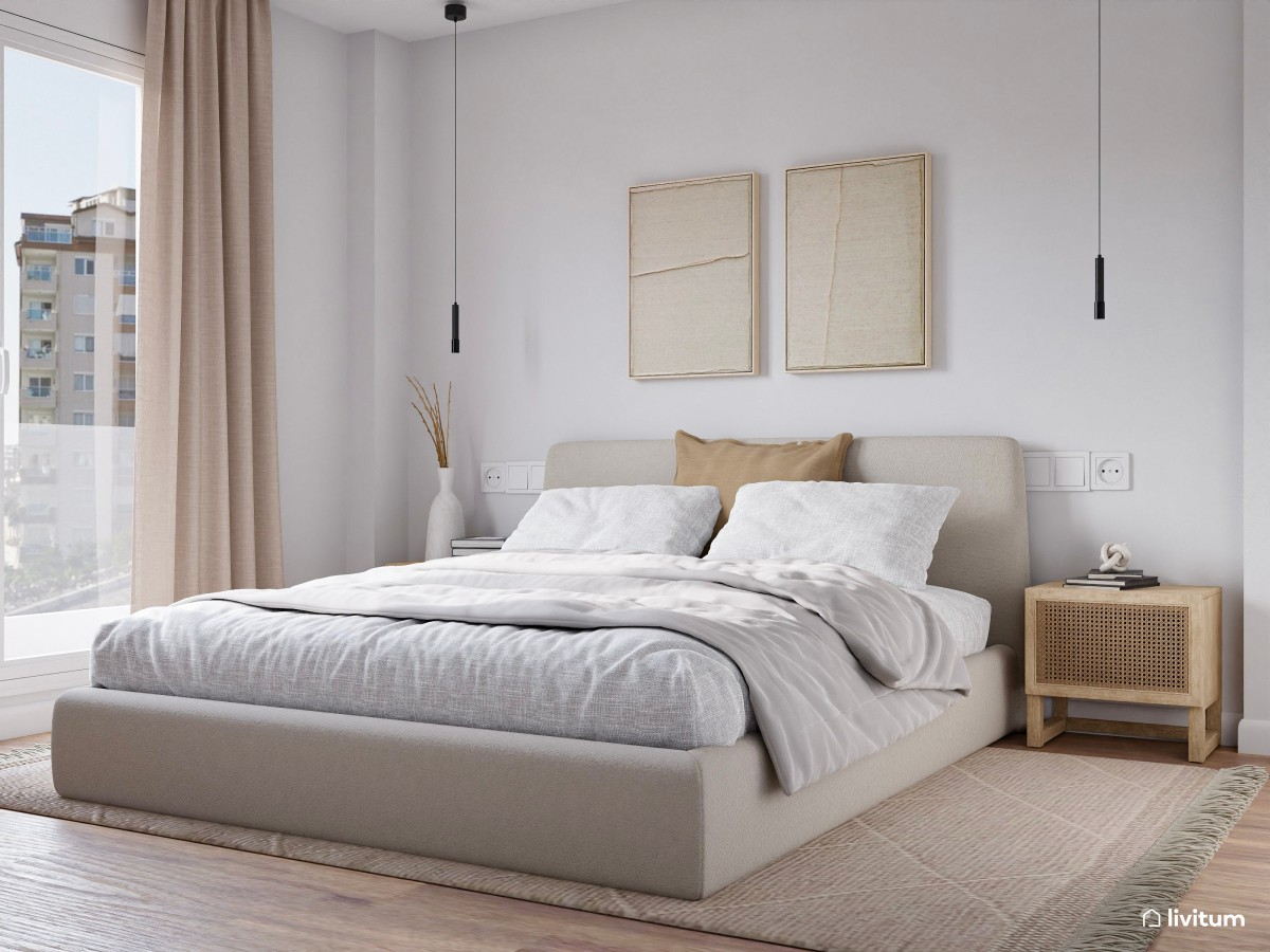 Elegante dormitorio doble cálido y con  papel pintado con textura