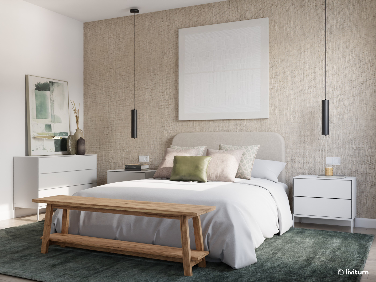 Elegante dormitorio en beige y con alfombra verde 
