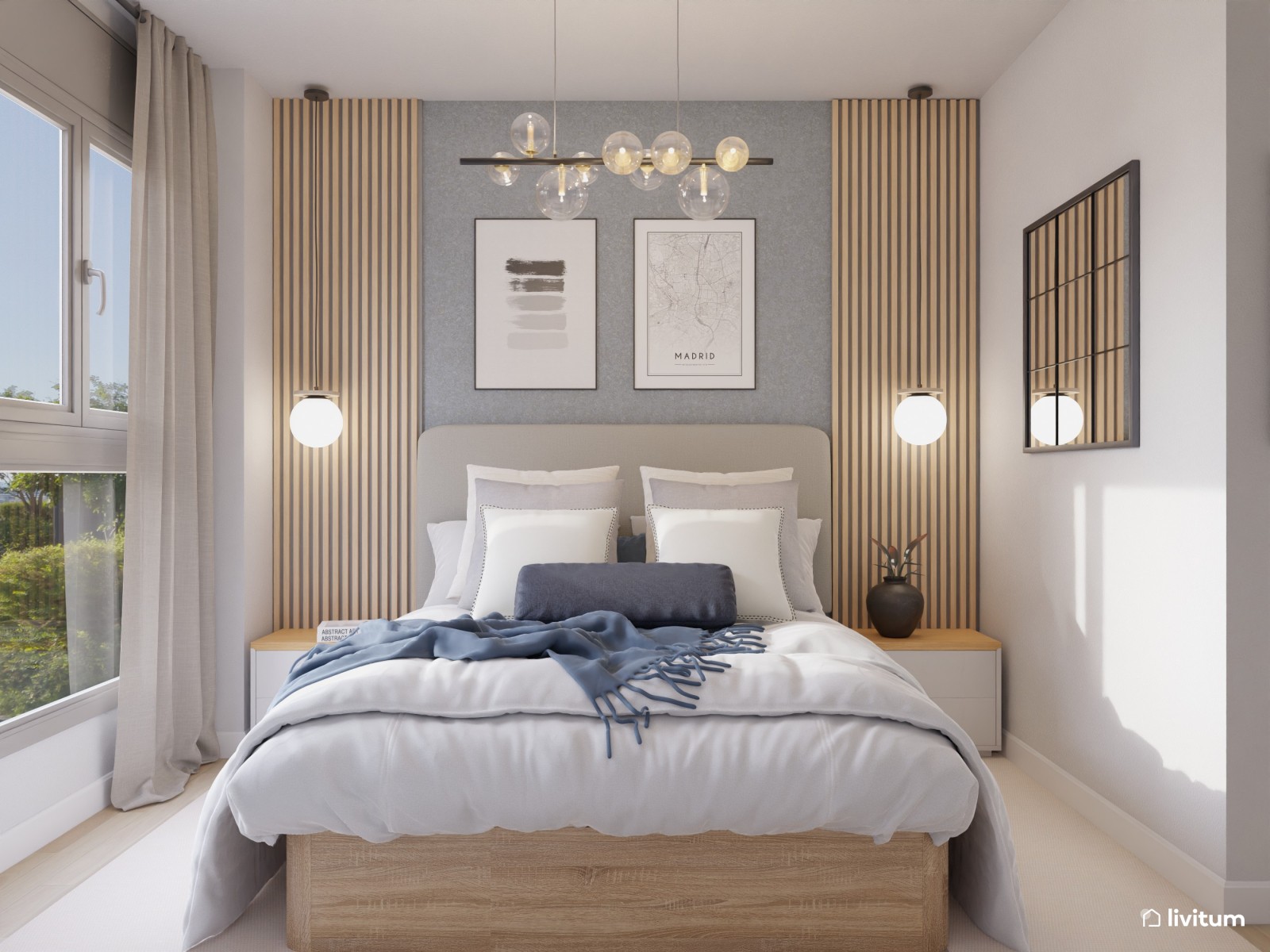 Elegante dormitorio en madera y papel pintado azul 