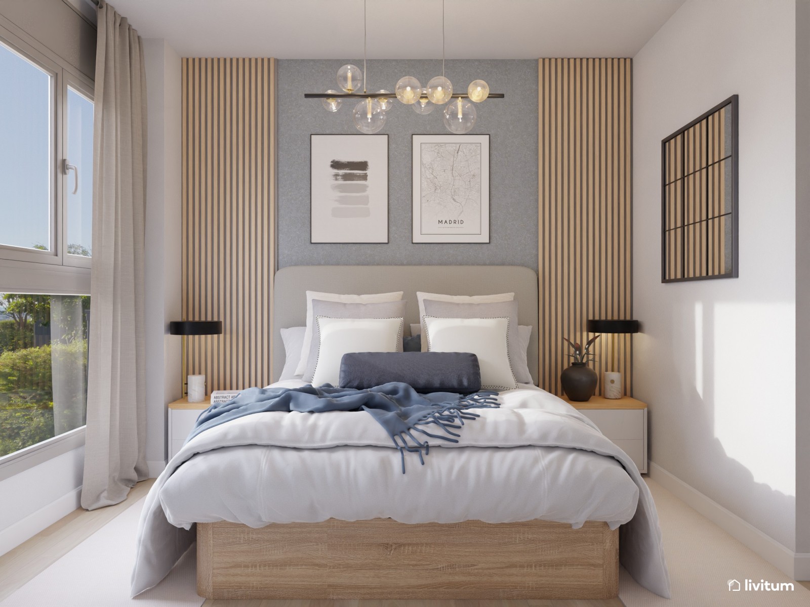 Elegante dormitorio en madera y papel pintado azul 