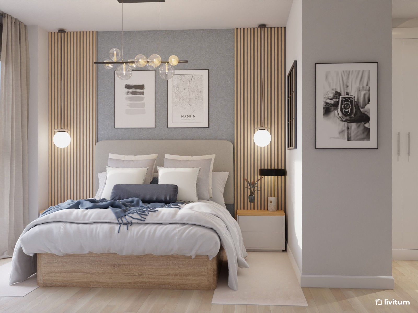 Elegante dormitorio en madera y papel pintado azul 