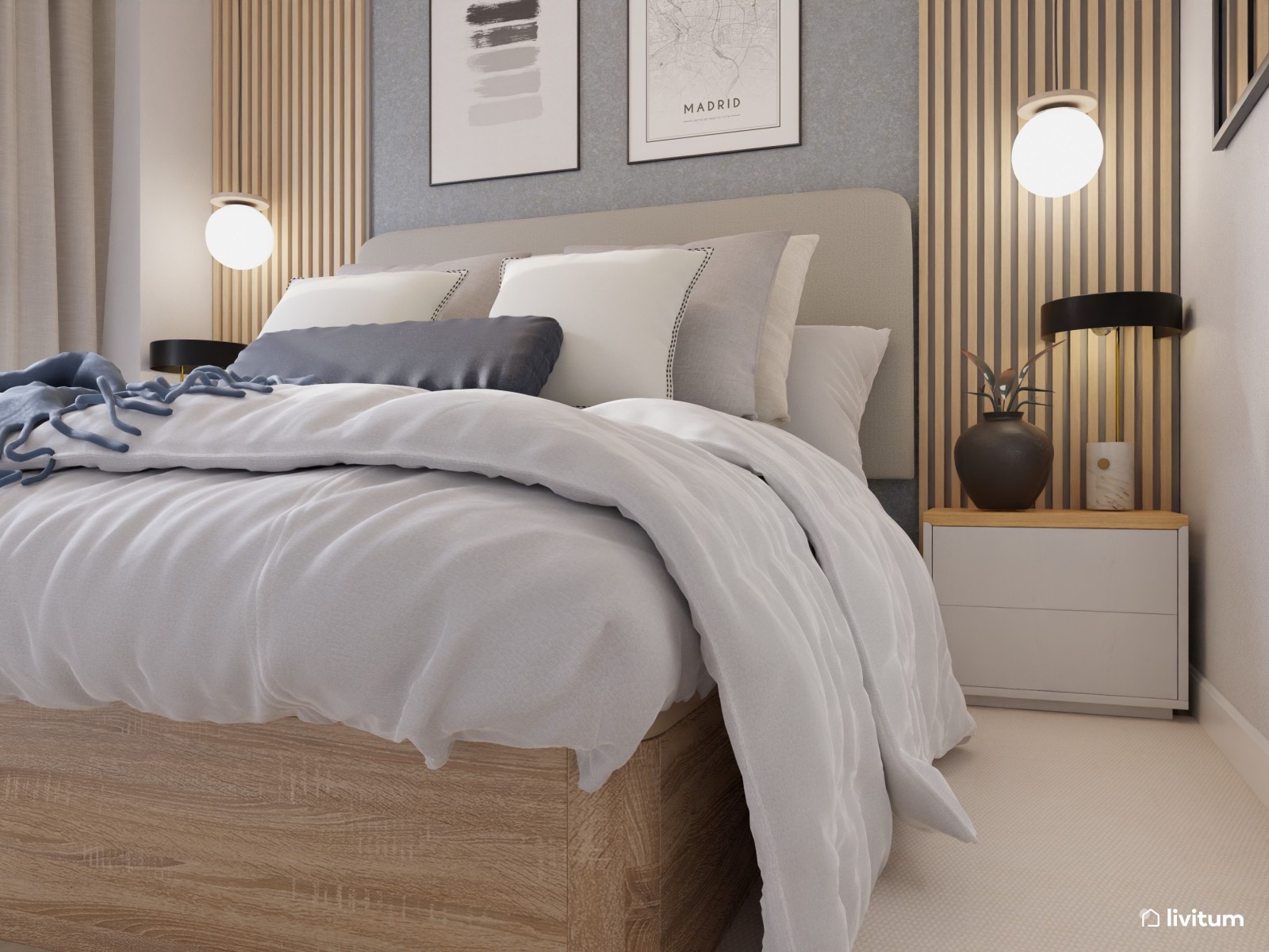 Elegante dormitorio en madera y papel pintado azul 