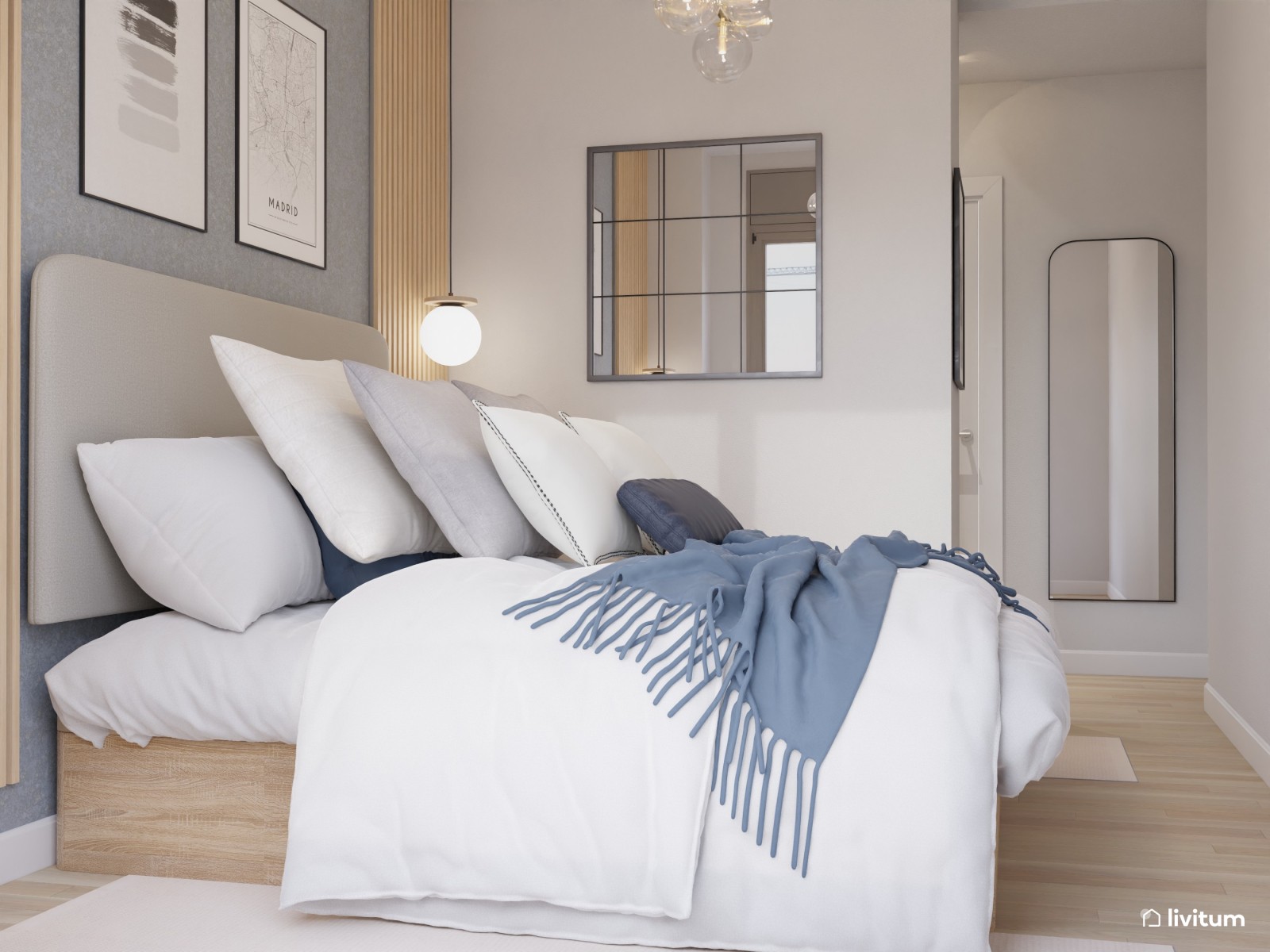 Elegante dormitorio en madera y papel pintado azul 