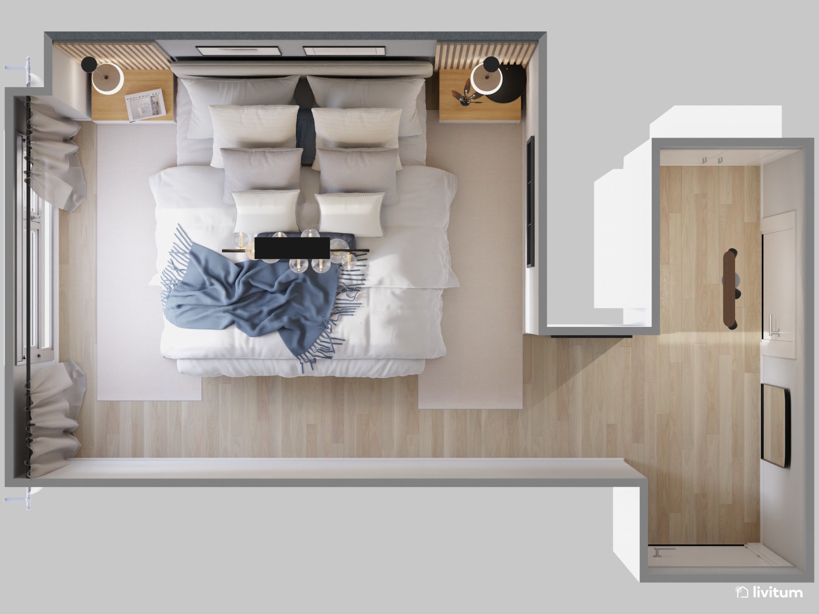 Elegante dormitorio en madera y papel pintado azul 