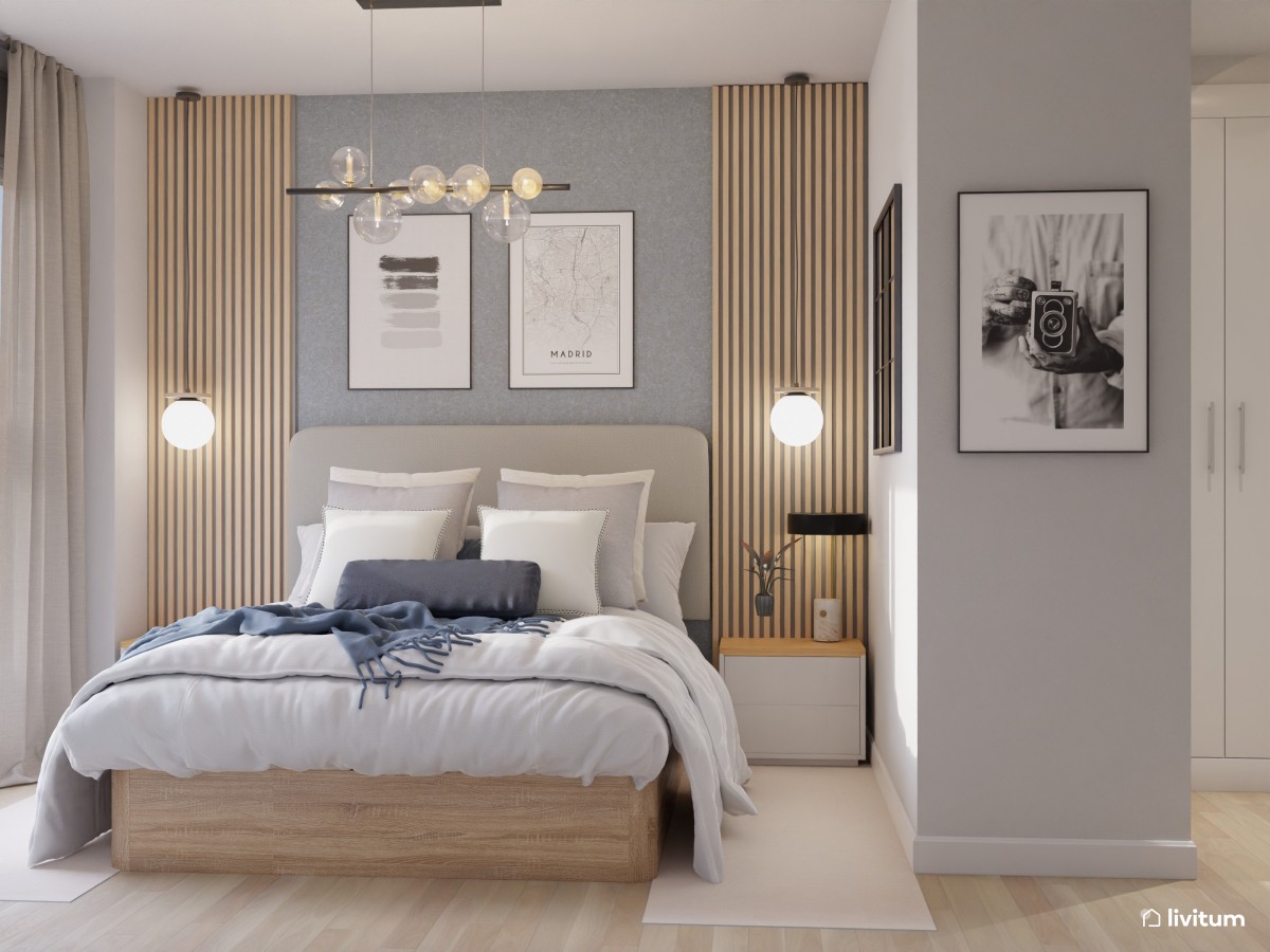 Elegante dormitorio en madera y papel pintado azul