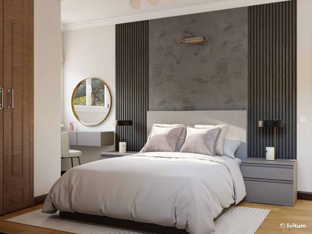 Elegante dormitorio en negro con listones de madera