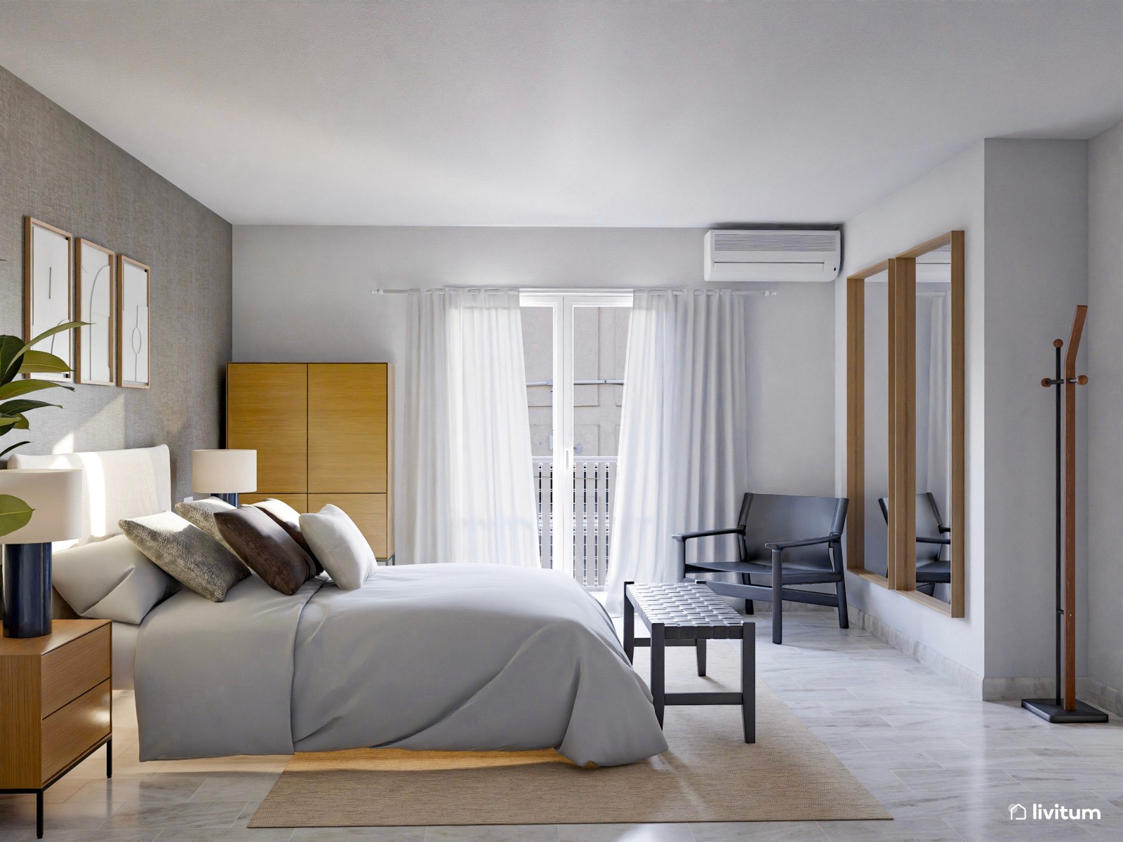 Elegante dormitorio en tono gris de estilo moderno con muebles de madera