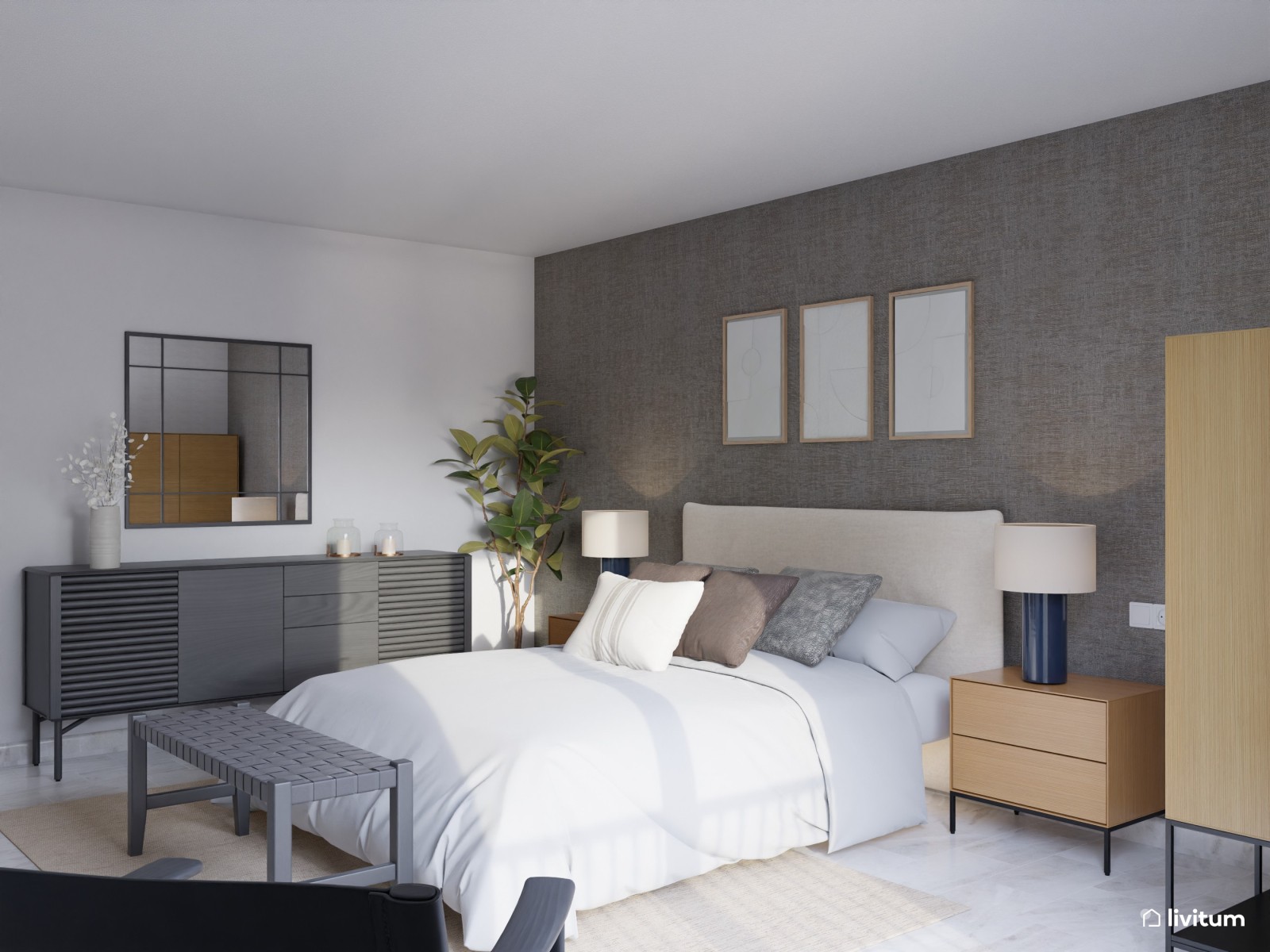 Elegante dormitorio en tono gris de estilo moderno con muebles de madera