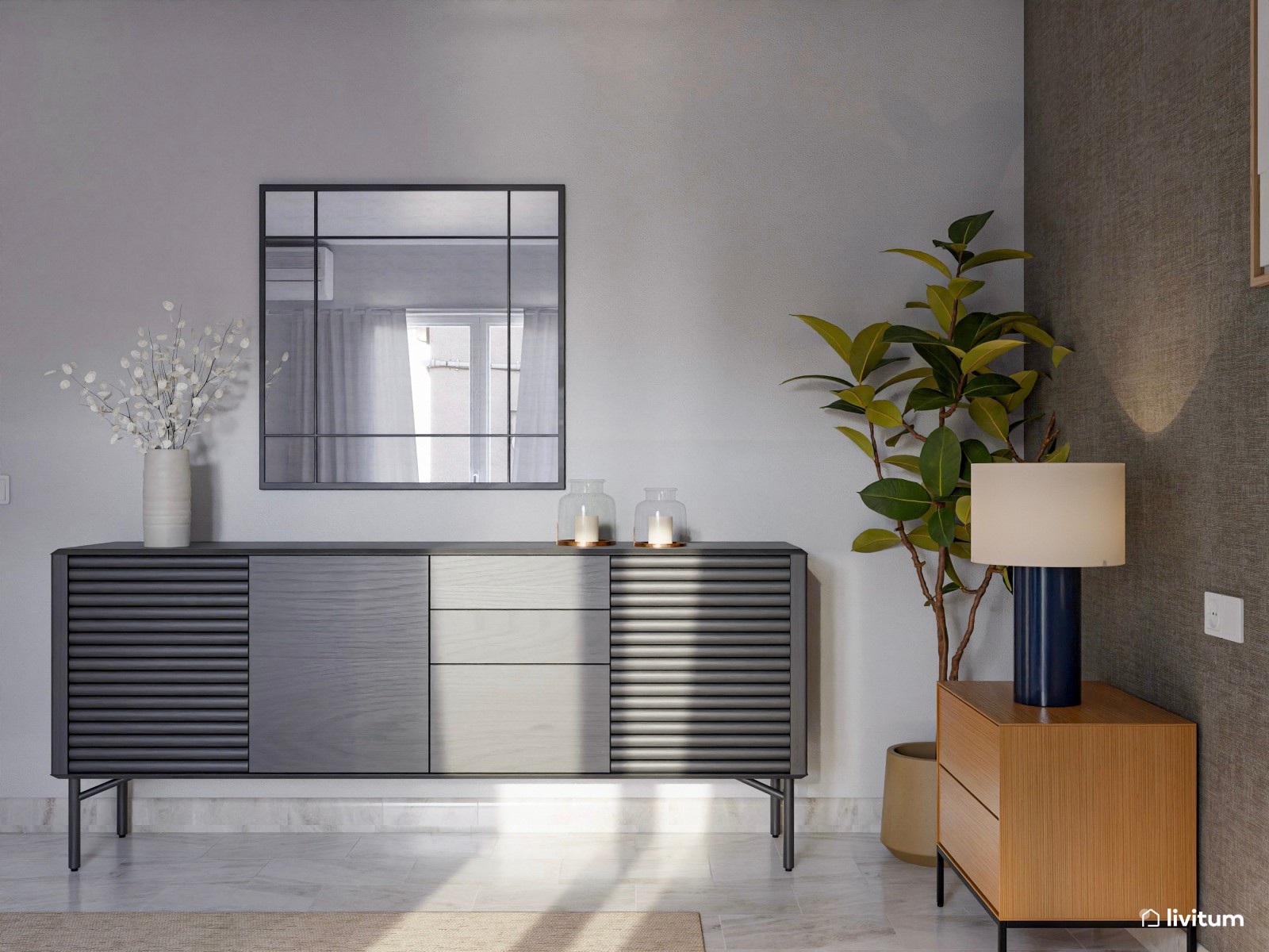 Elegante dormitorio en tono gris de estilo moderno con muebles de madera