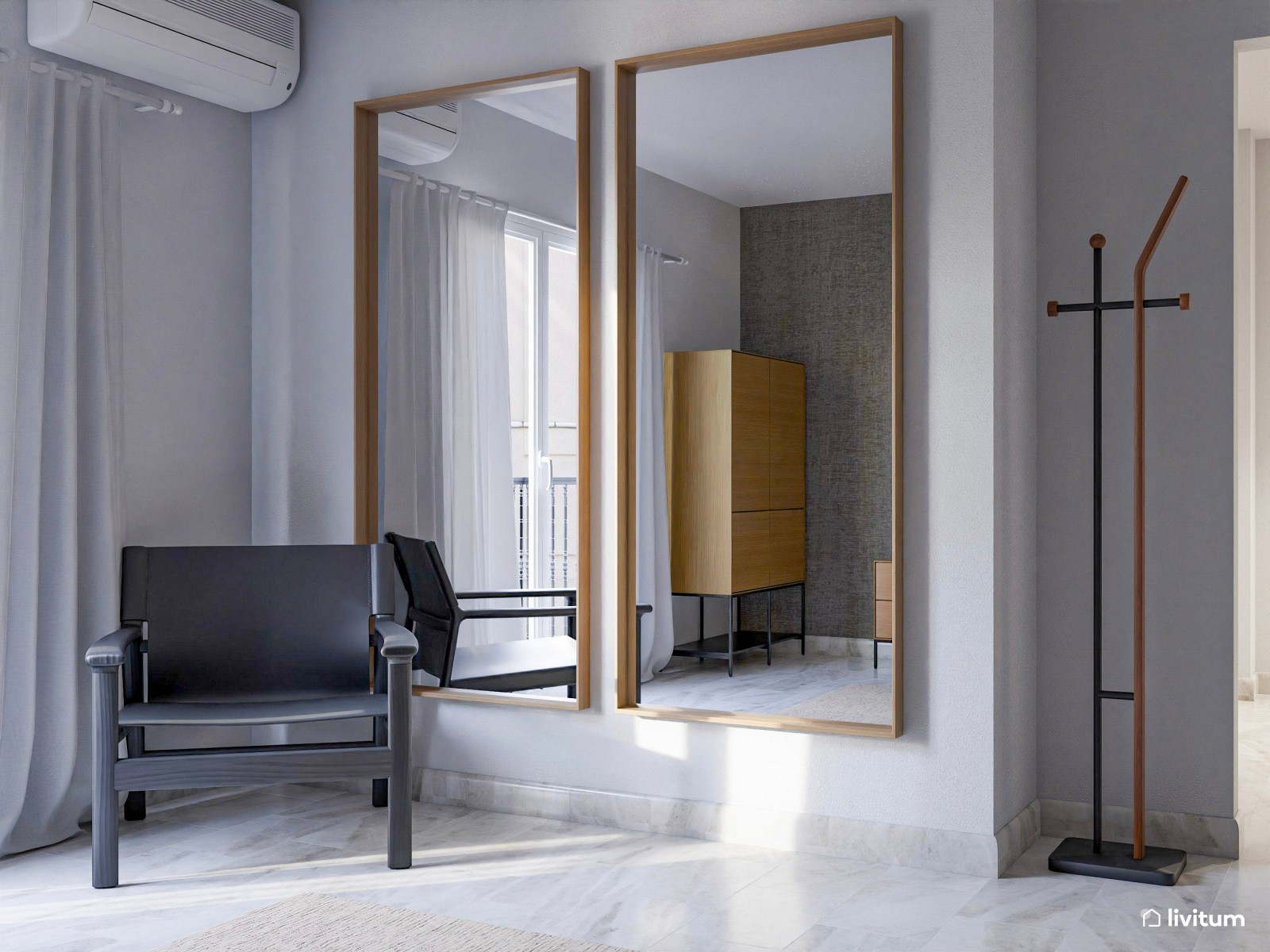 Elegante dormitorio en tono gris de estilo moderno con muebles de madera