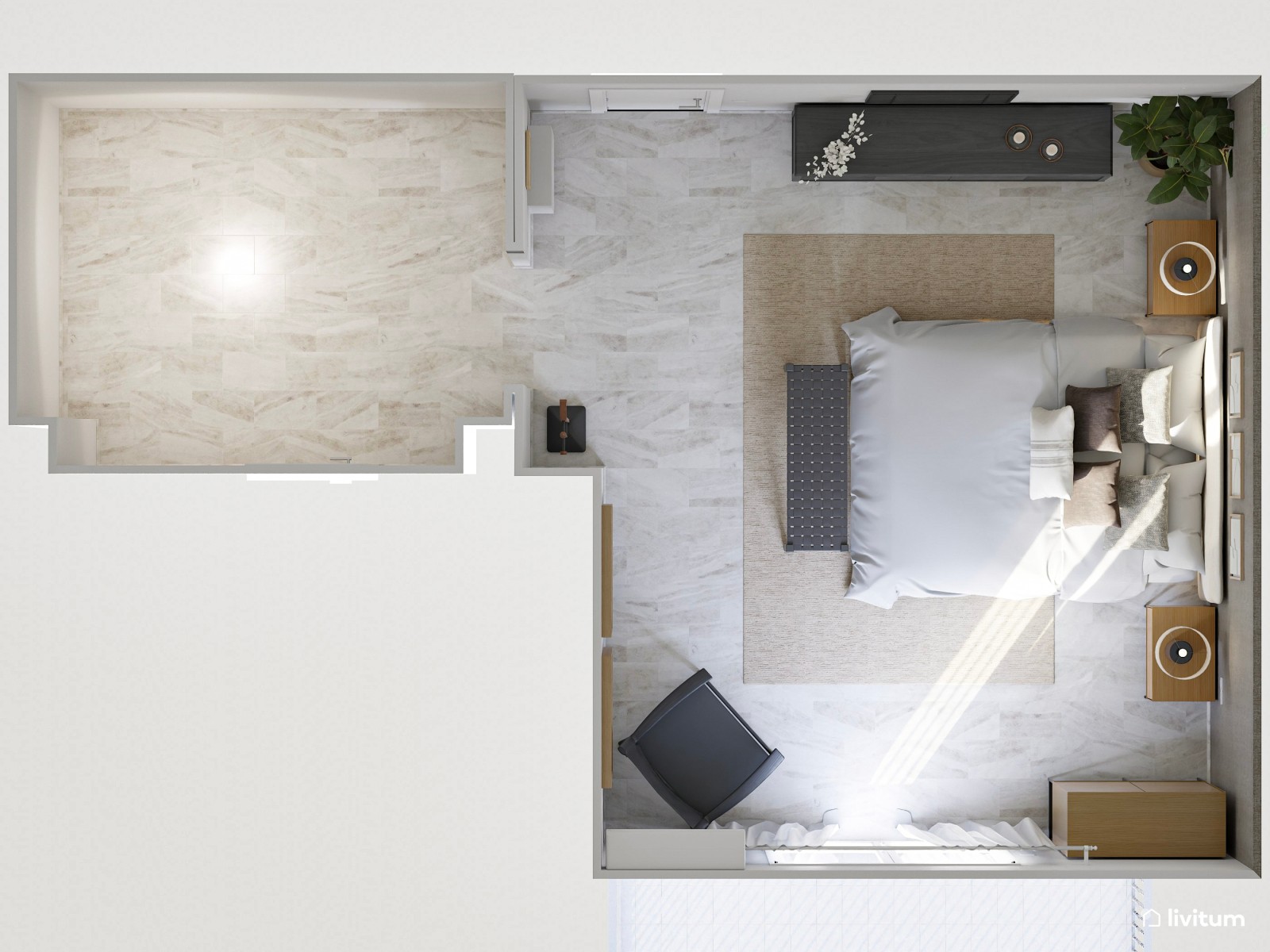 Elegante dormitorio en tono gris de estilo moderno con muebles de madera