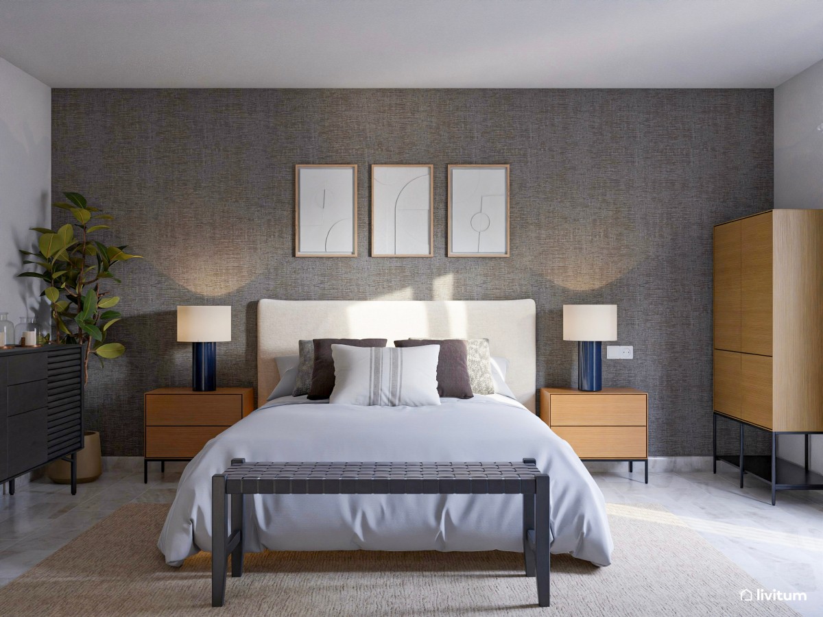 Elegante dormitorio en tono gris de estilo moderno con muebles de madera