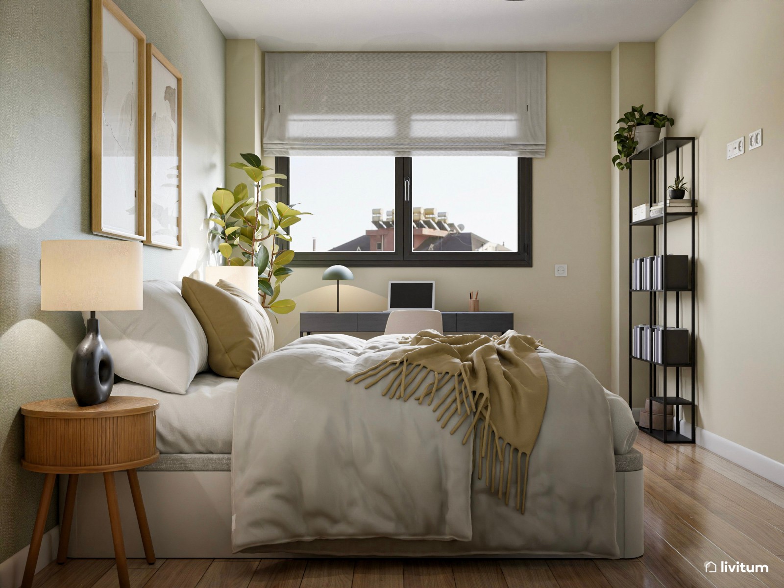 Elegante dormitorio en tonos tierra y verde con zona de escritorio
