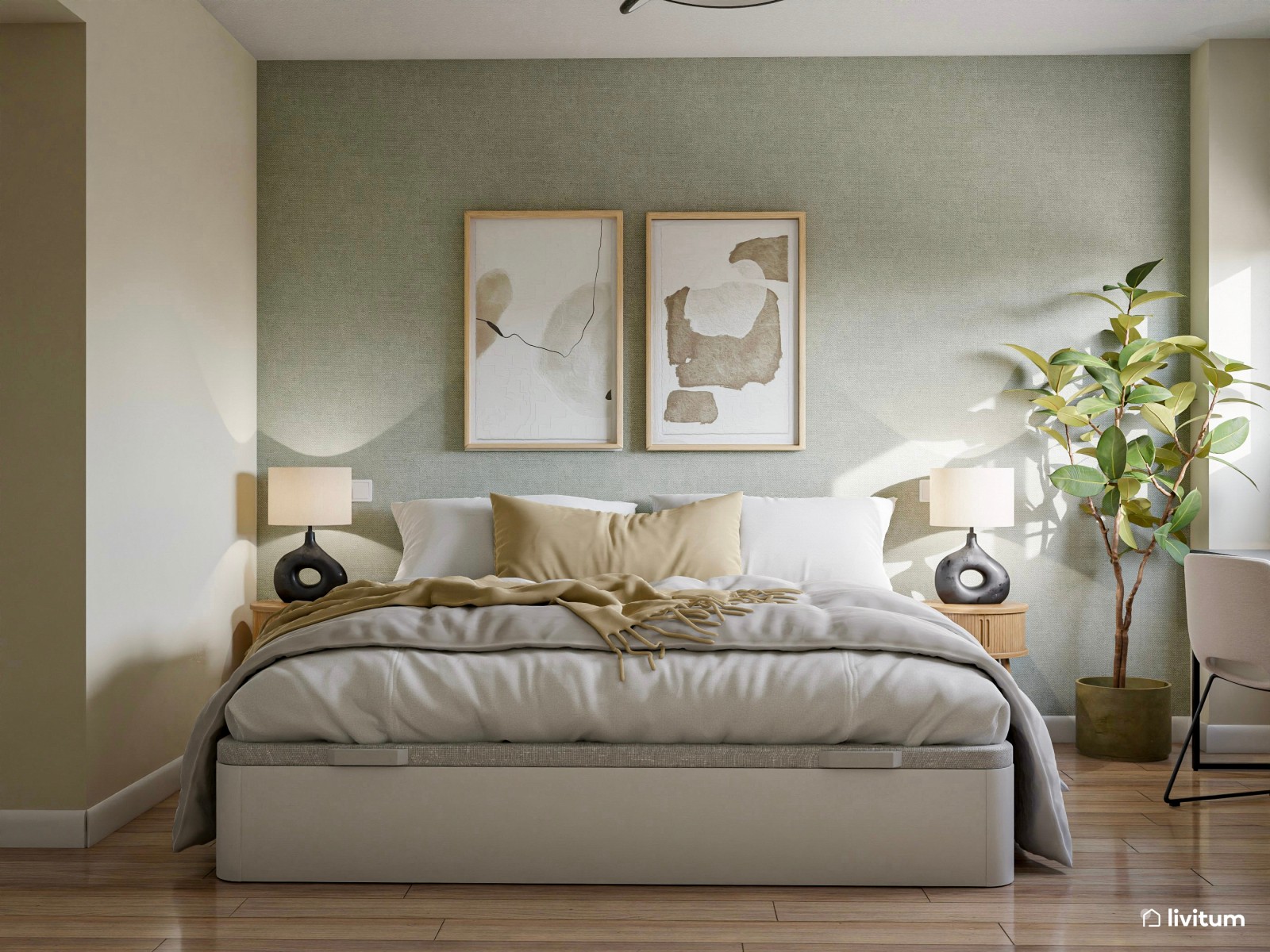 Elegante dormitorio en tonos tierra y verde con zona de escritorio