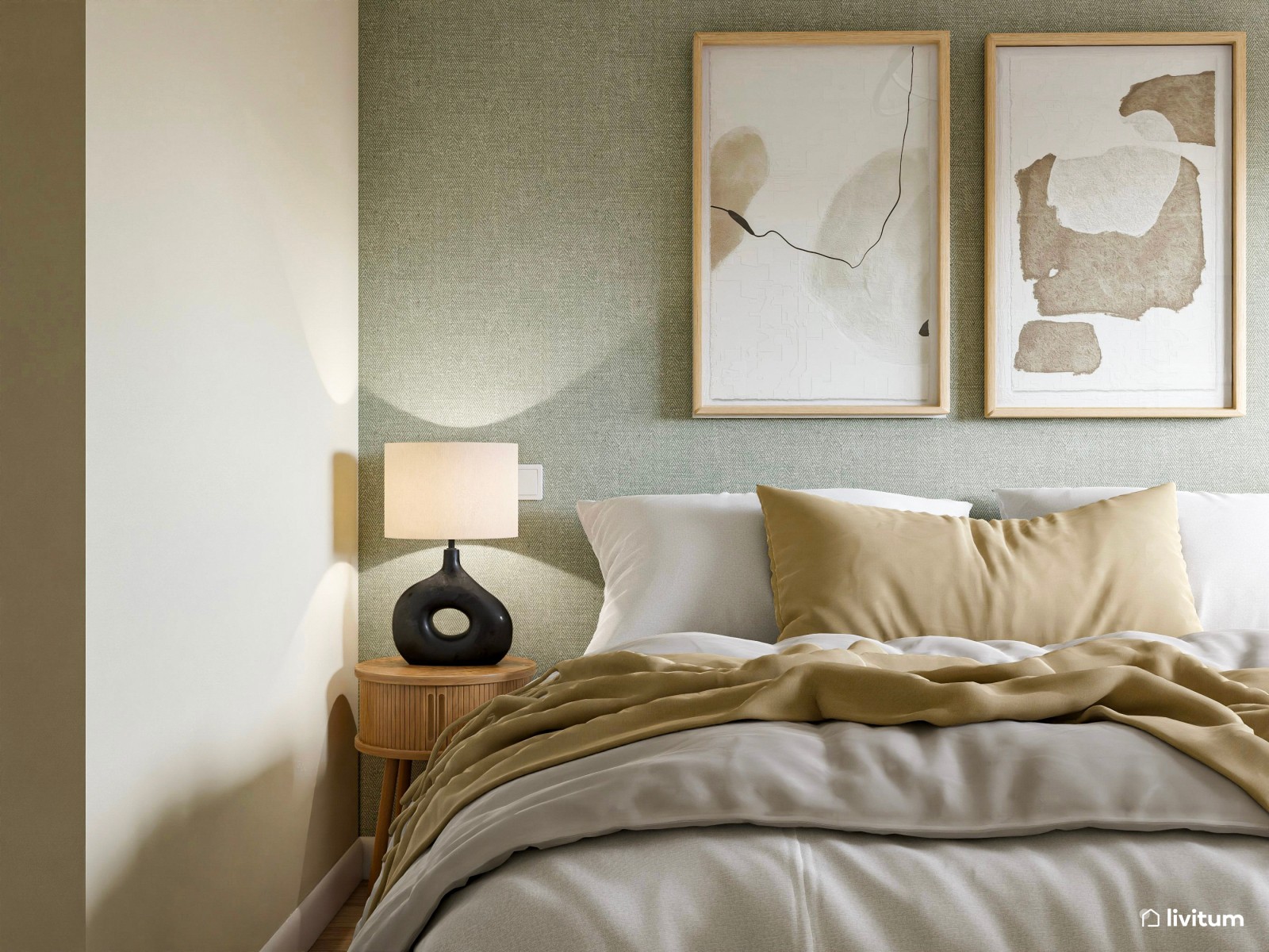 Elegante dormitorio en tonos tierra y verde con zona de escritorio