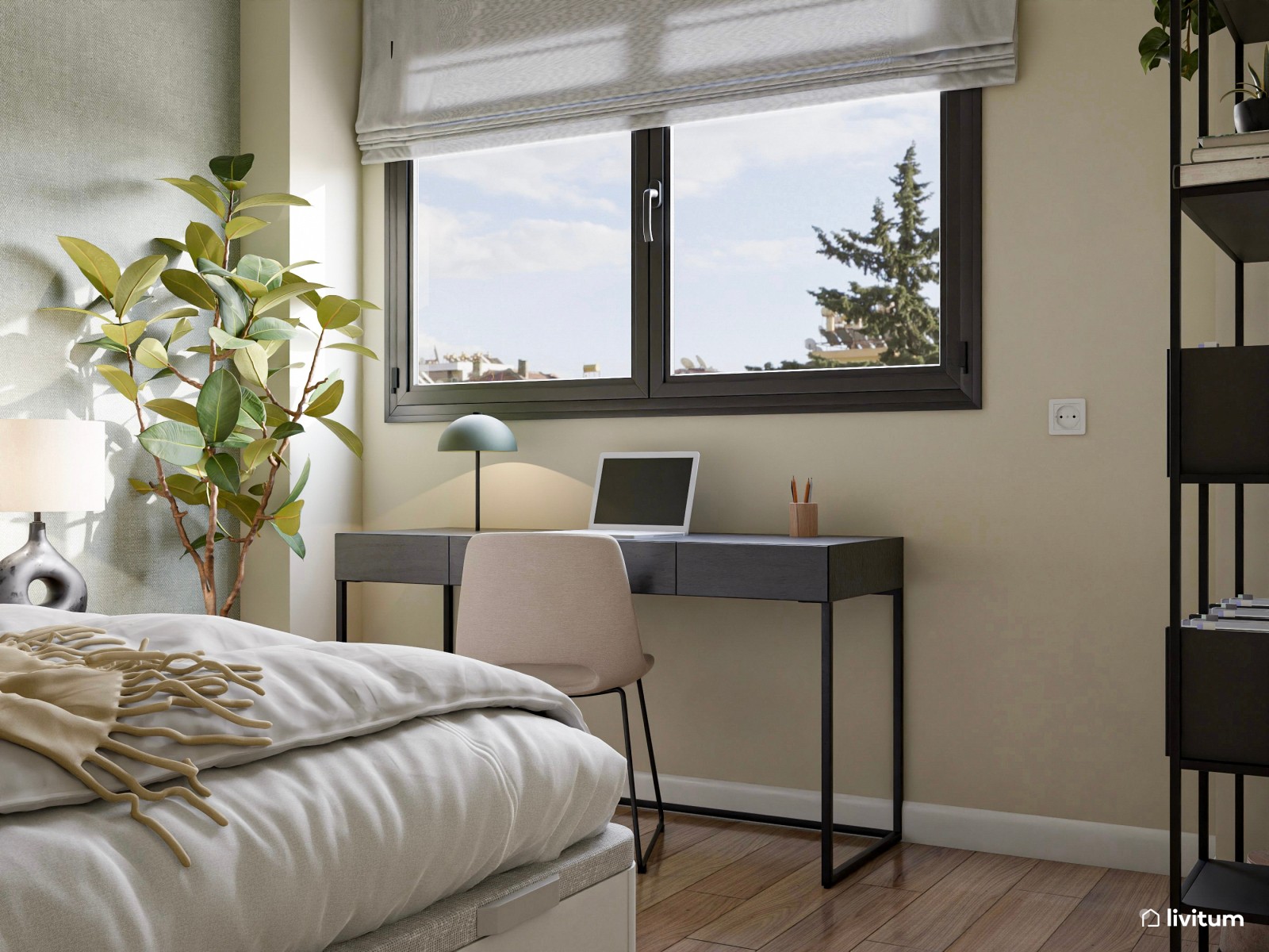 Elegante dormitorio en tonos tierra y verde con zona de escritorio