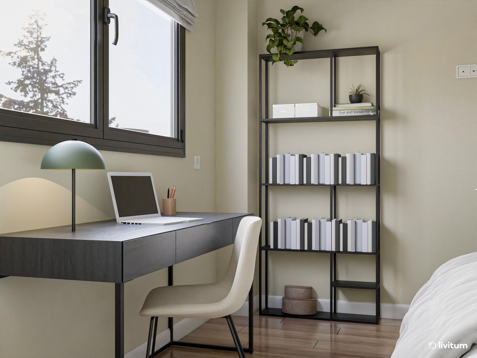 Elegante dormitorio en tonos tierra y verde con zona de escritorio