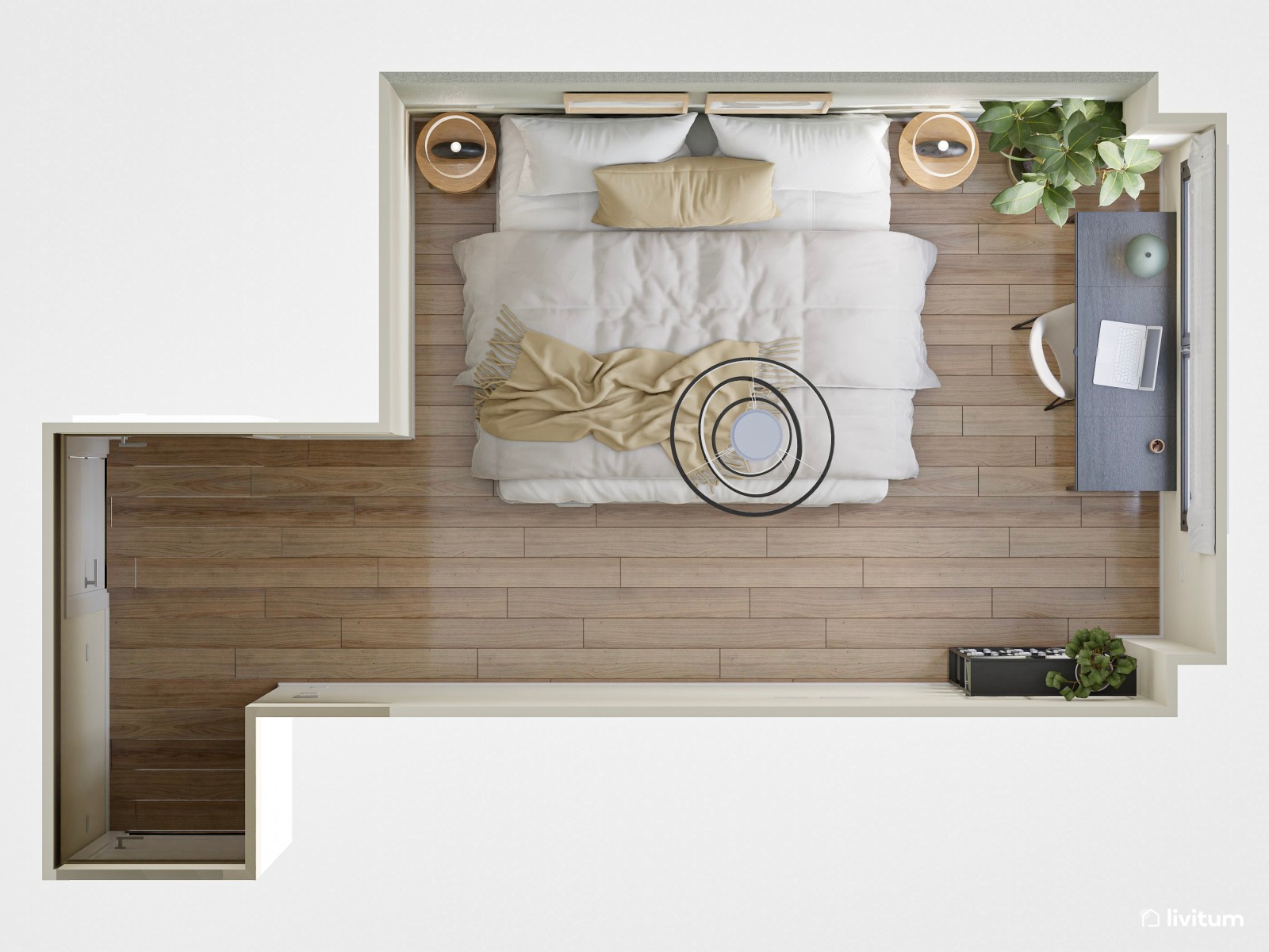 Elegante dormitorio en tonos tierra y verde con zona de escritorio