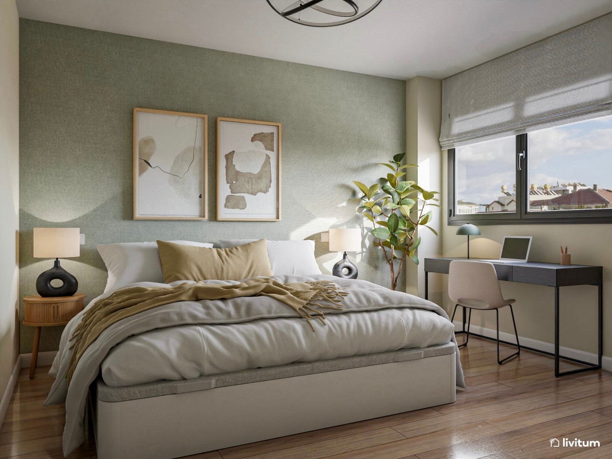 Elegante dormitorio en tonos tierra y verde con zona de escritorio