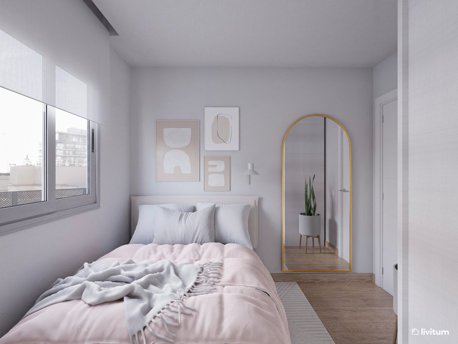 Elegante dormitorio individual con decoración en colores claros 