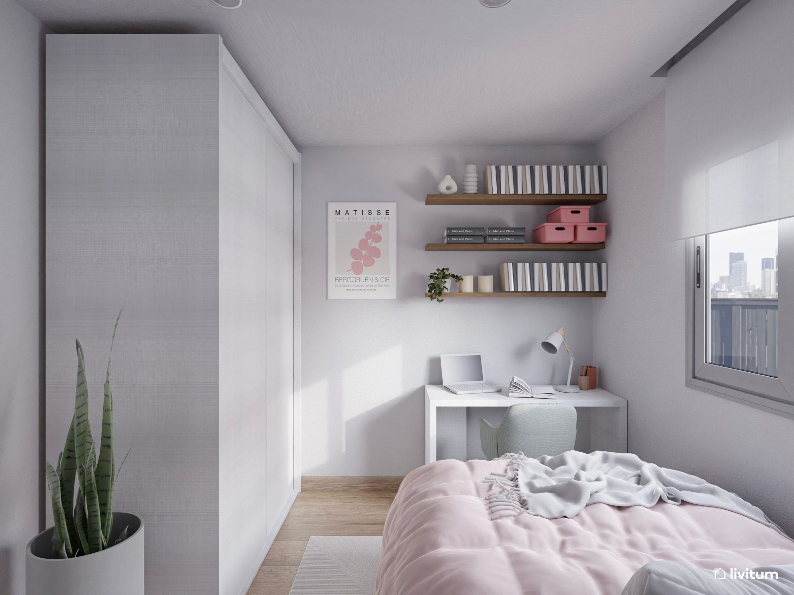 Elegante dormitorio individual con decoración en colores claros 