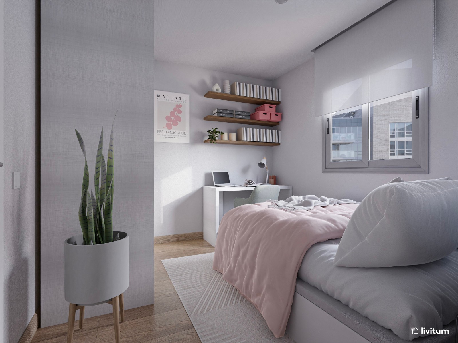 Elegante dormitorio individual con decoración en colores claros 