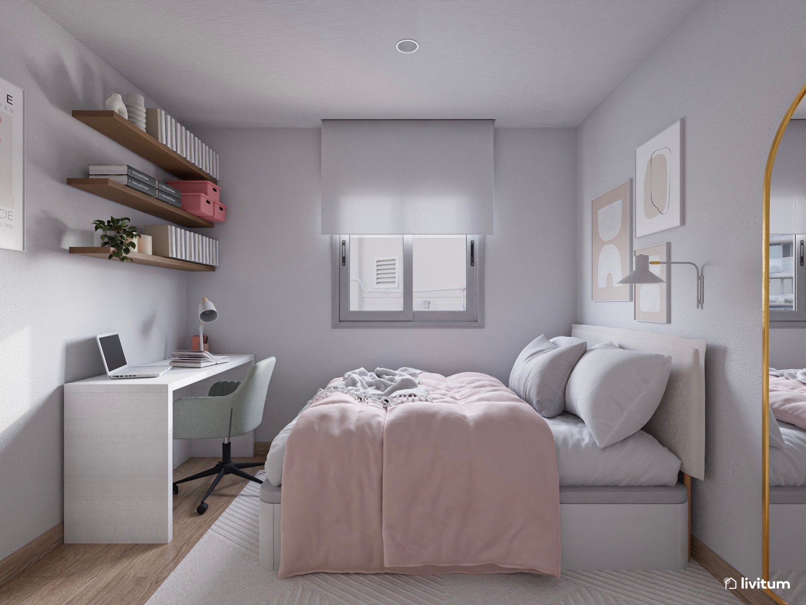 Elegante dormitorio individual con decoración en colores claros 