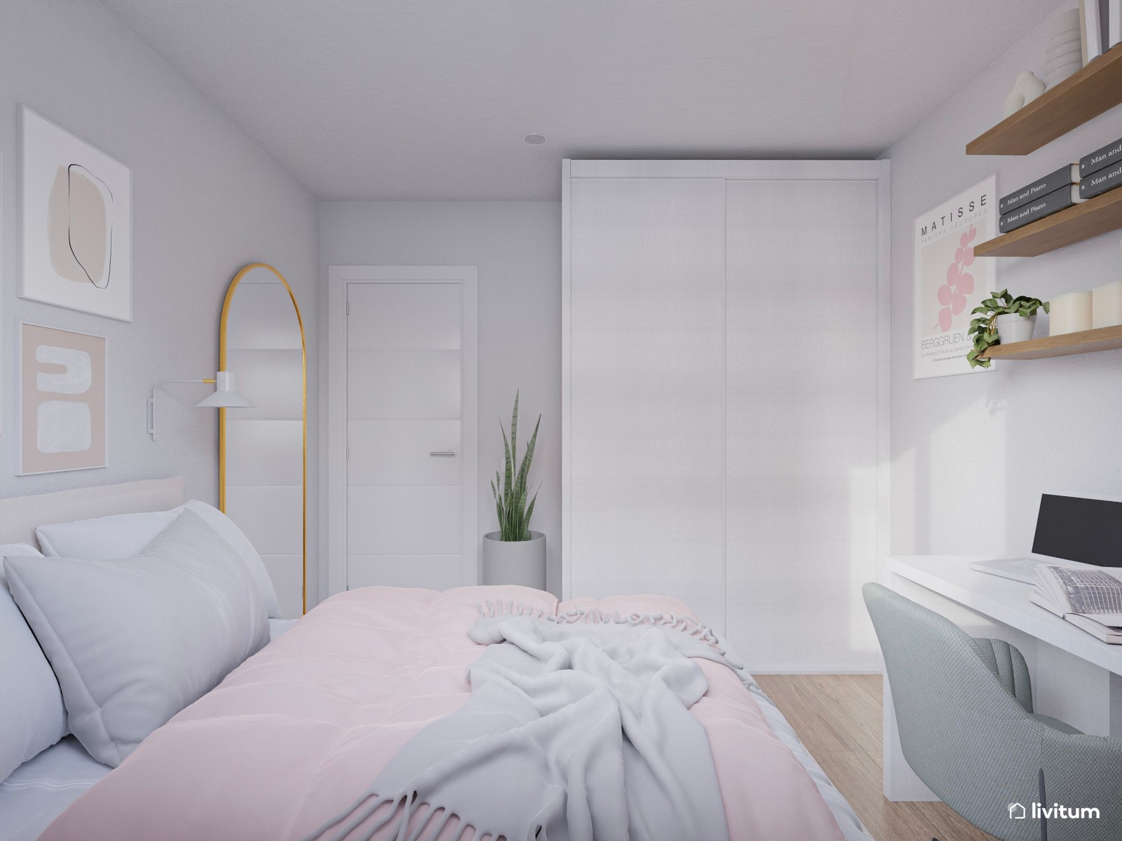 Elegante dormitorio individual con decoración en colores claros 